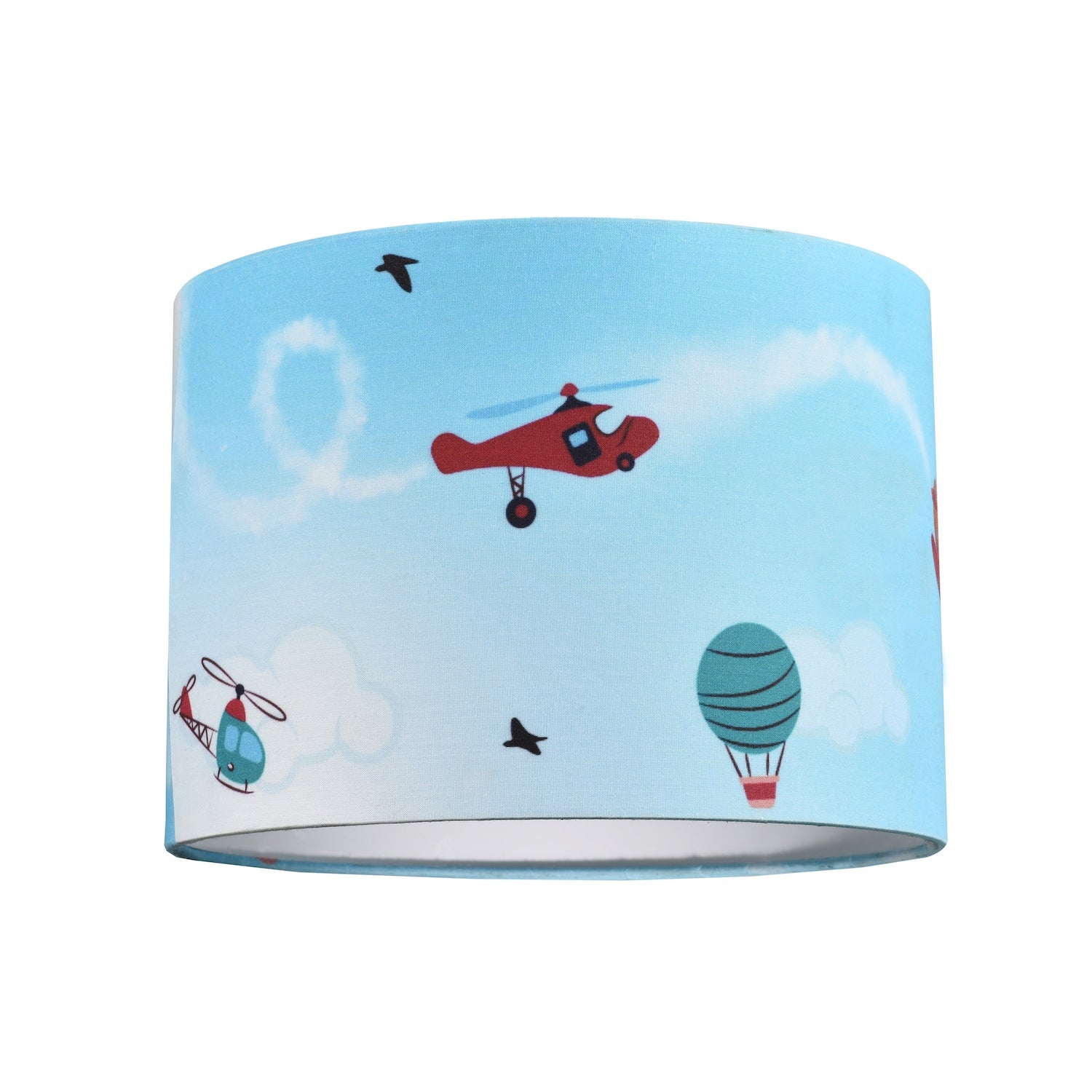 Sky Blue Kids Lampshade with Planes Hot Air Balloons and Helicopter Designs Image 1