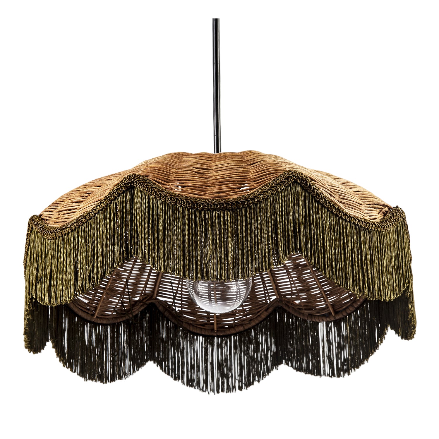 Woven Rattan Pendant Ceiling Shade with Forest Green Trim and Tassels Image 4