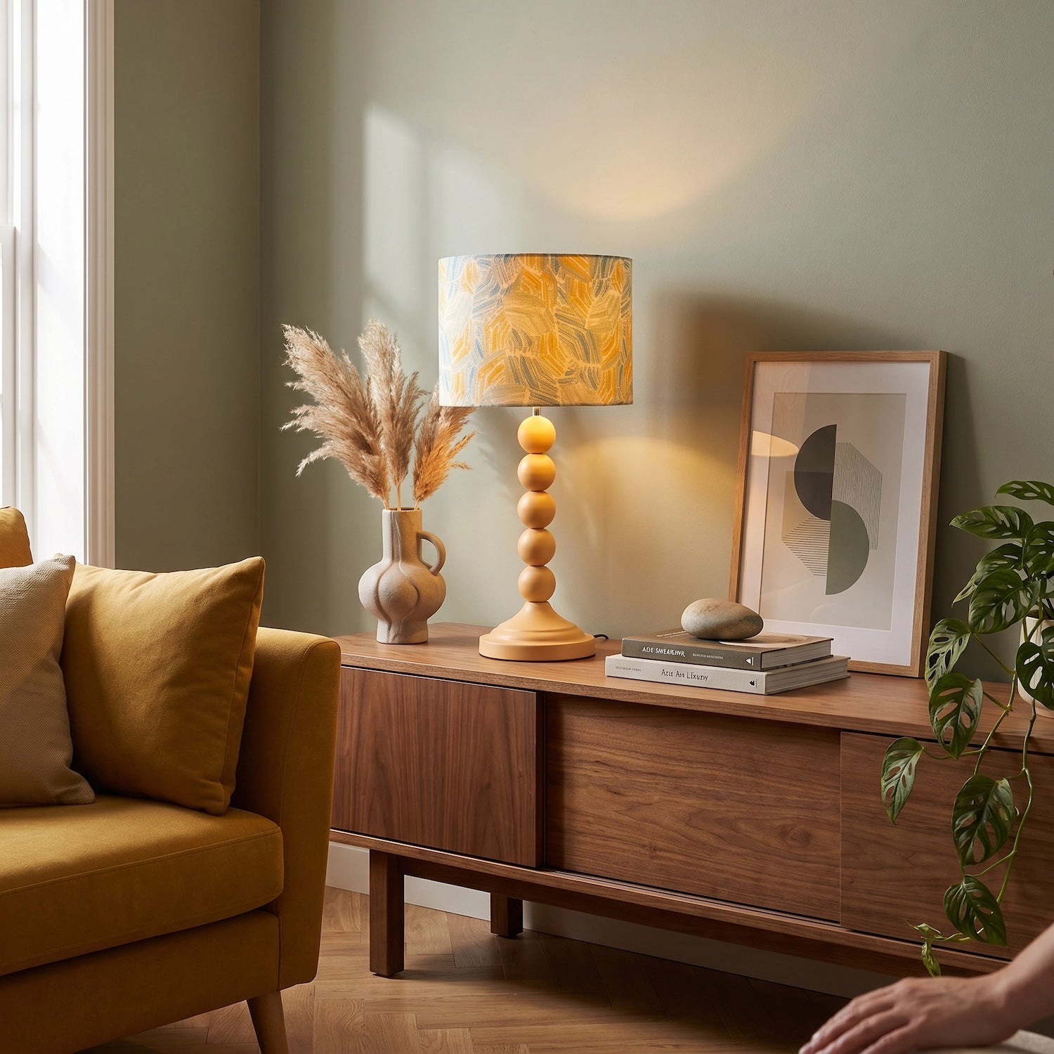 Chic Yellow Table Lamp with Graphic Style Multi Colour Fabric Shade Image 6