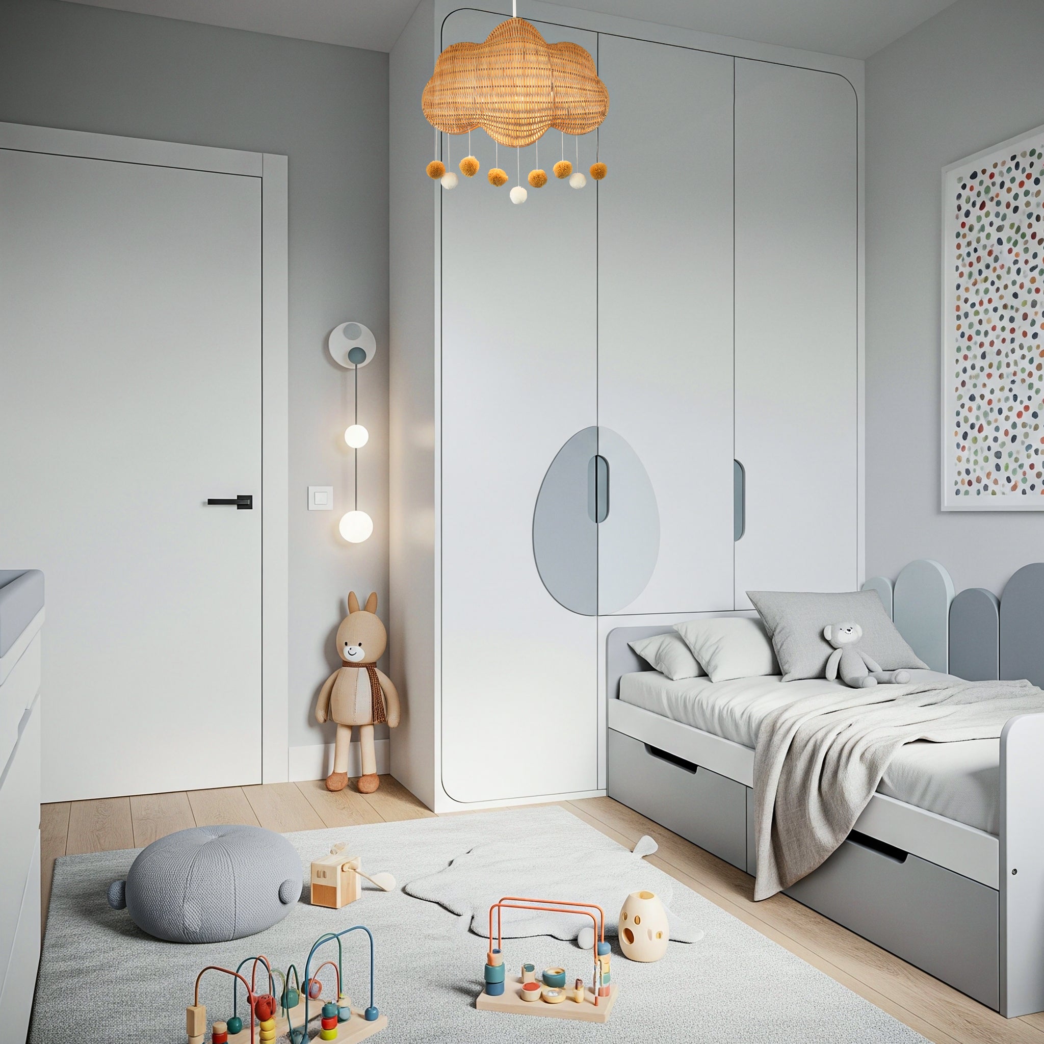 Cloud Shaped Childrens Rattan Pendant Light Shade with Pom Pom Balls Image 6