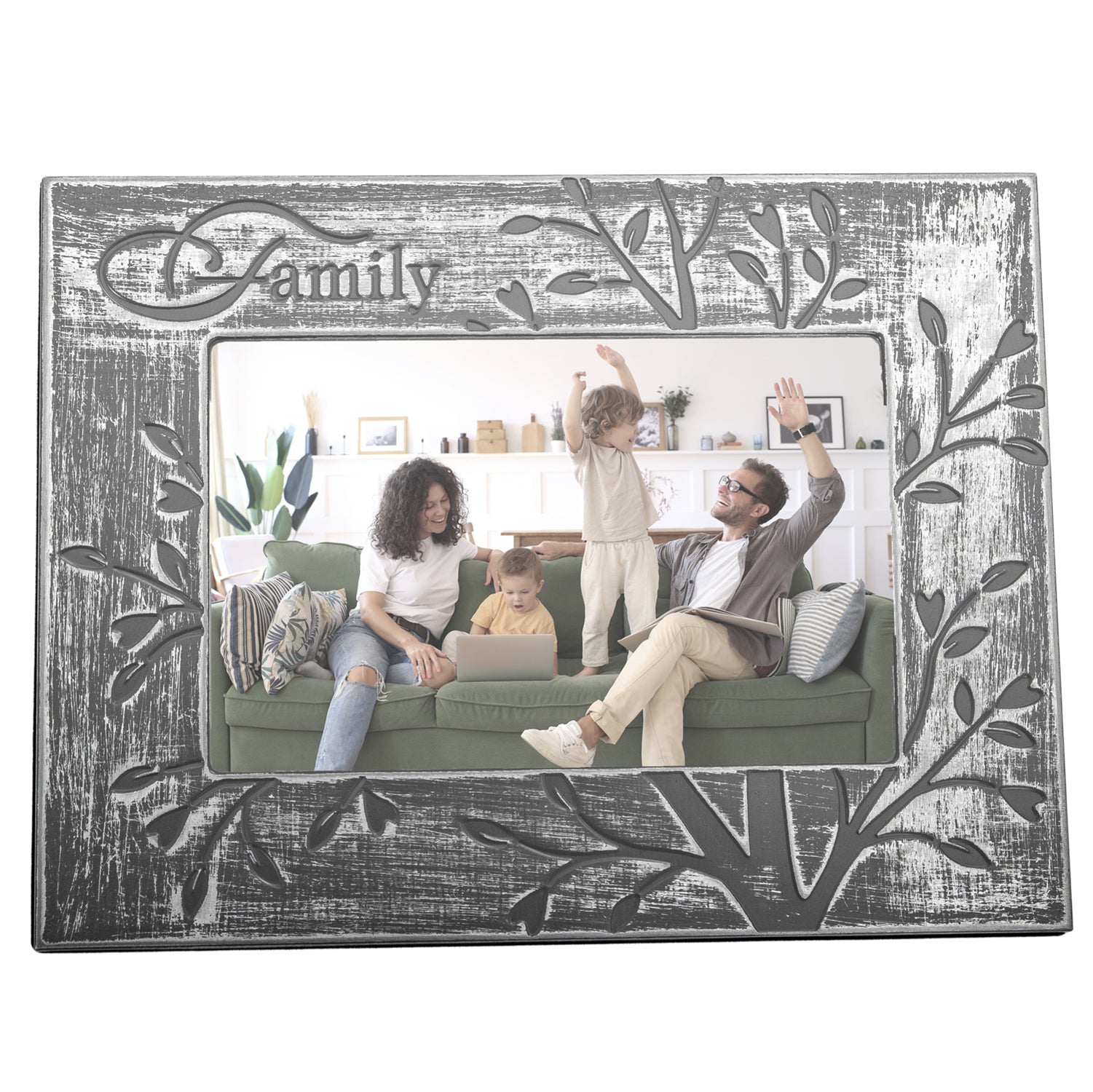 Galvanised Brushed Silver Family Sentiment Picture Frame with Tree Decoration Image 1