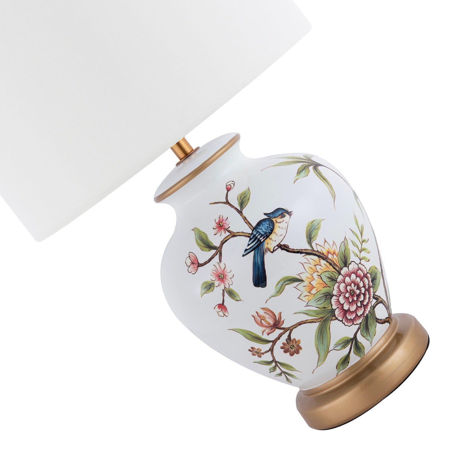 Traditional Ceramic Lamp Base in White Gloss with Coloured Birds and Flowers Image 5