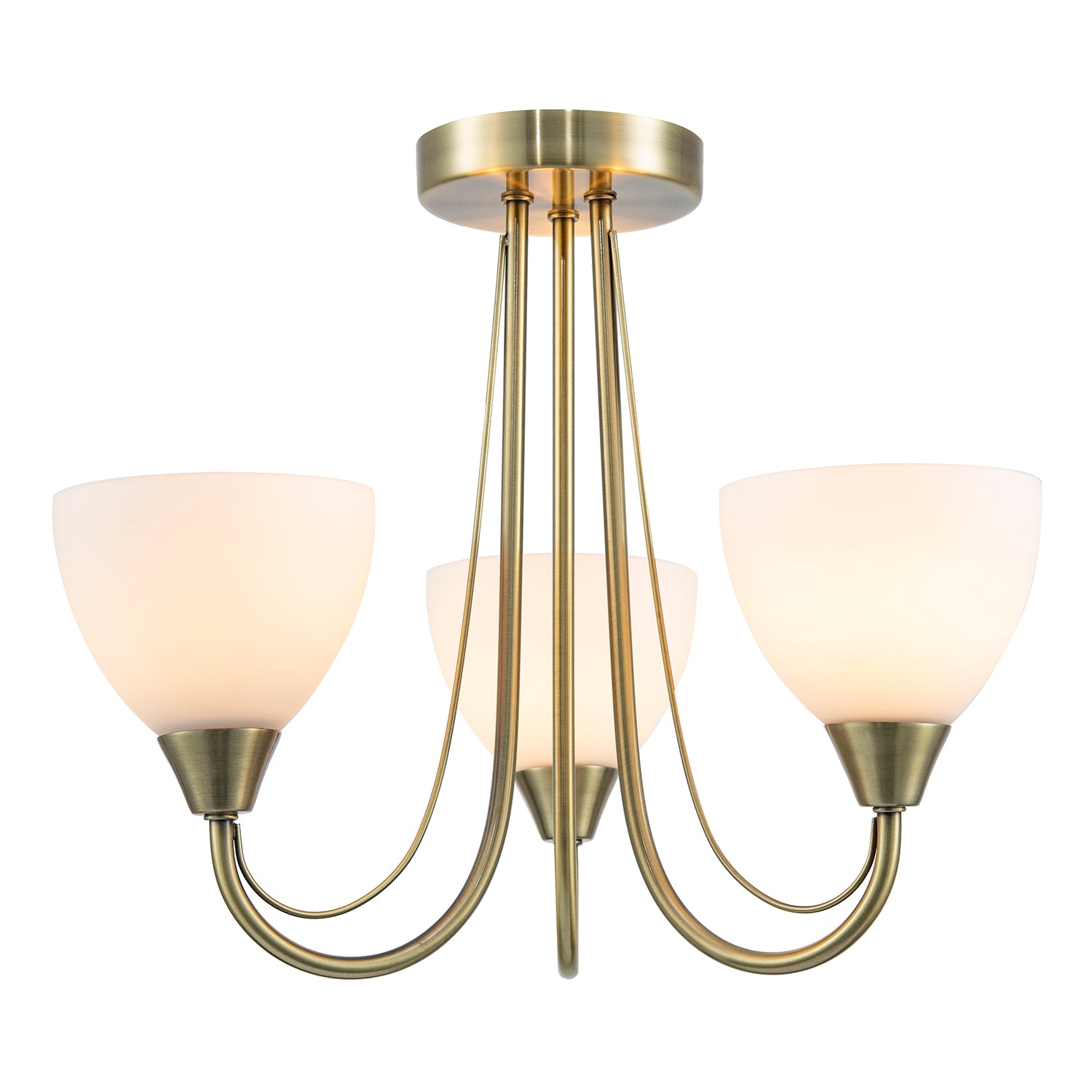 Designer Antique Brass Three Arm Ceiling Light with Opal White Glass Shades Image 1