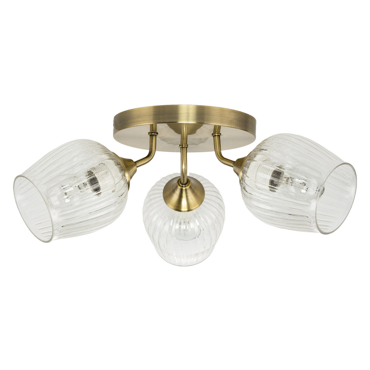 Modern Chic Antique Brass Ceiling Light with Clear Ribbed Glass Shades Image 1