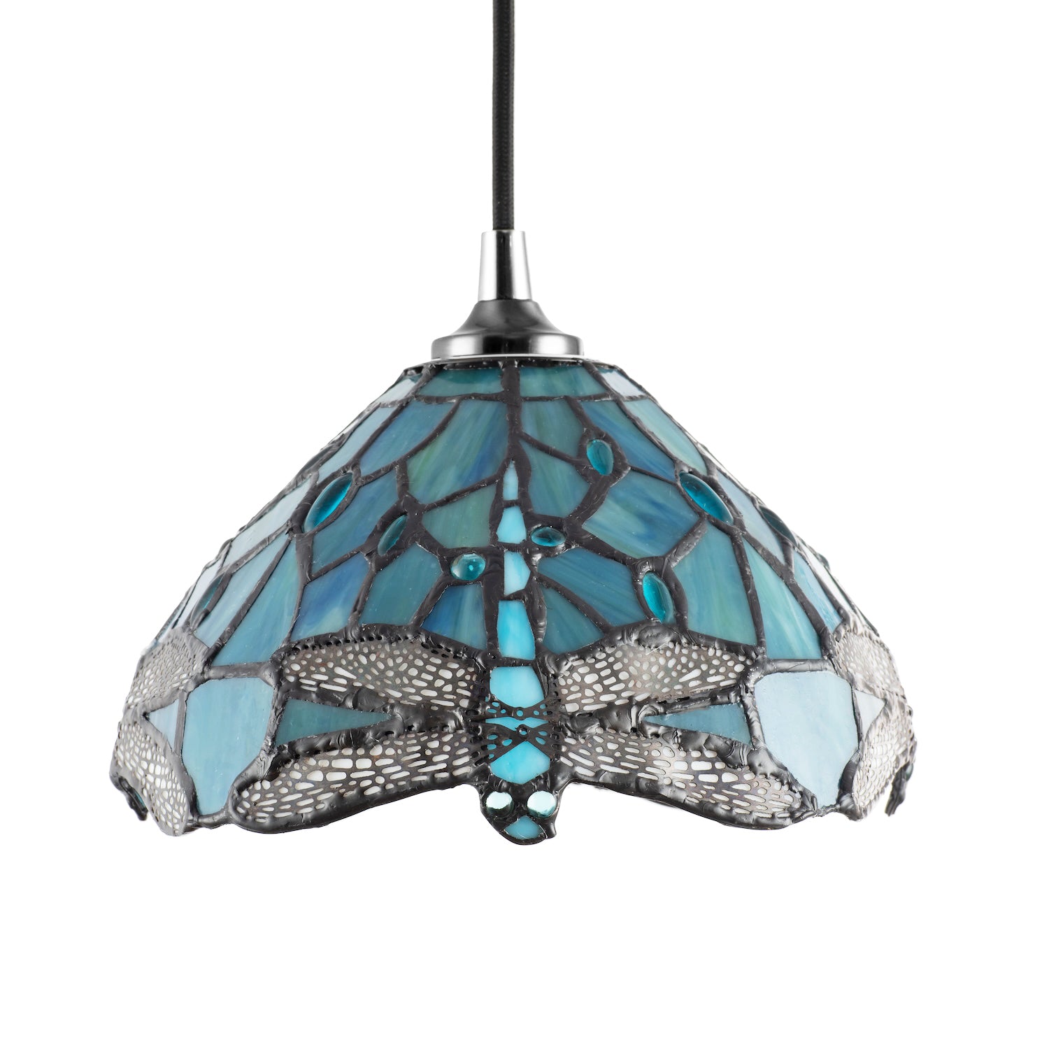 Dragonfly Themed Emerald Stained Glass Tiffany Pendant Lighting Shade with Beads Image 2