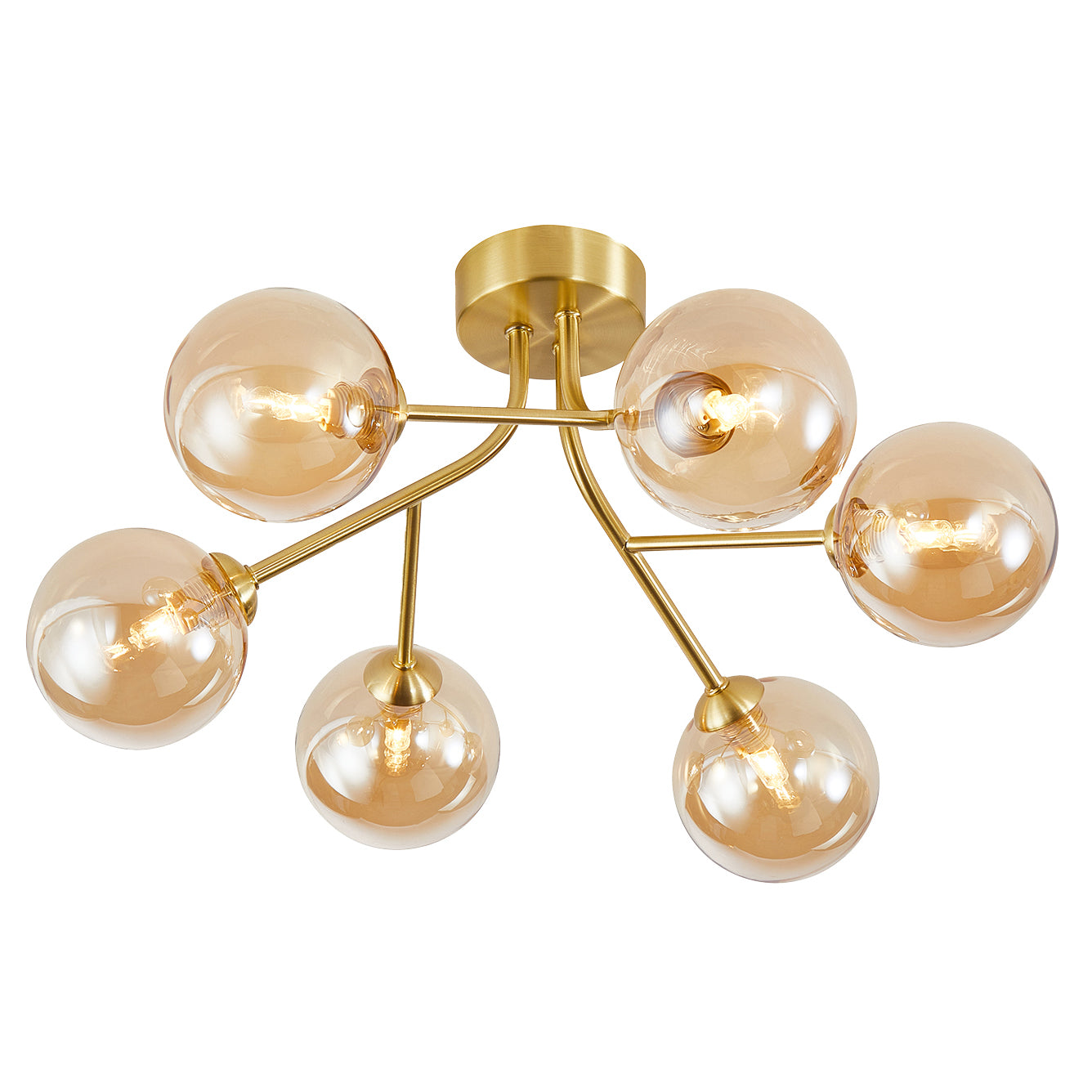 Designer Satin Gold 6-Arm Ceiling Light Fixture with Amber Tinted Glass Shades Image 1