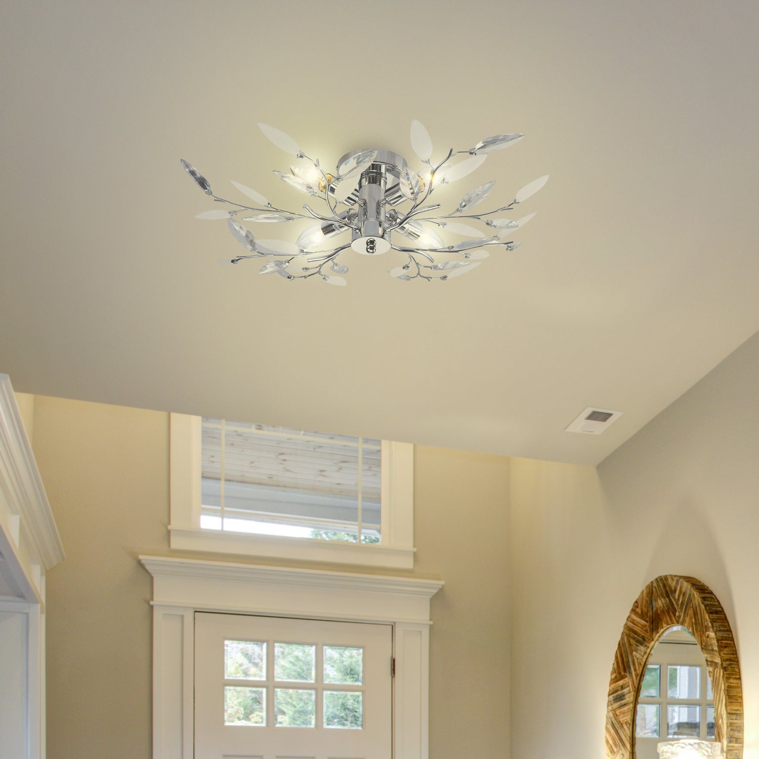 Modern Birch Semi Flush Ceiling Light with Clear & White Leaves Image 2