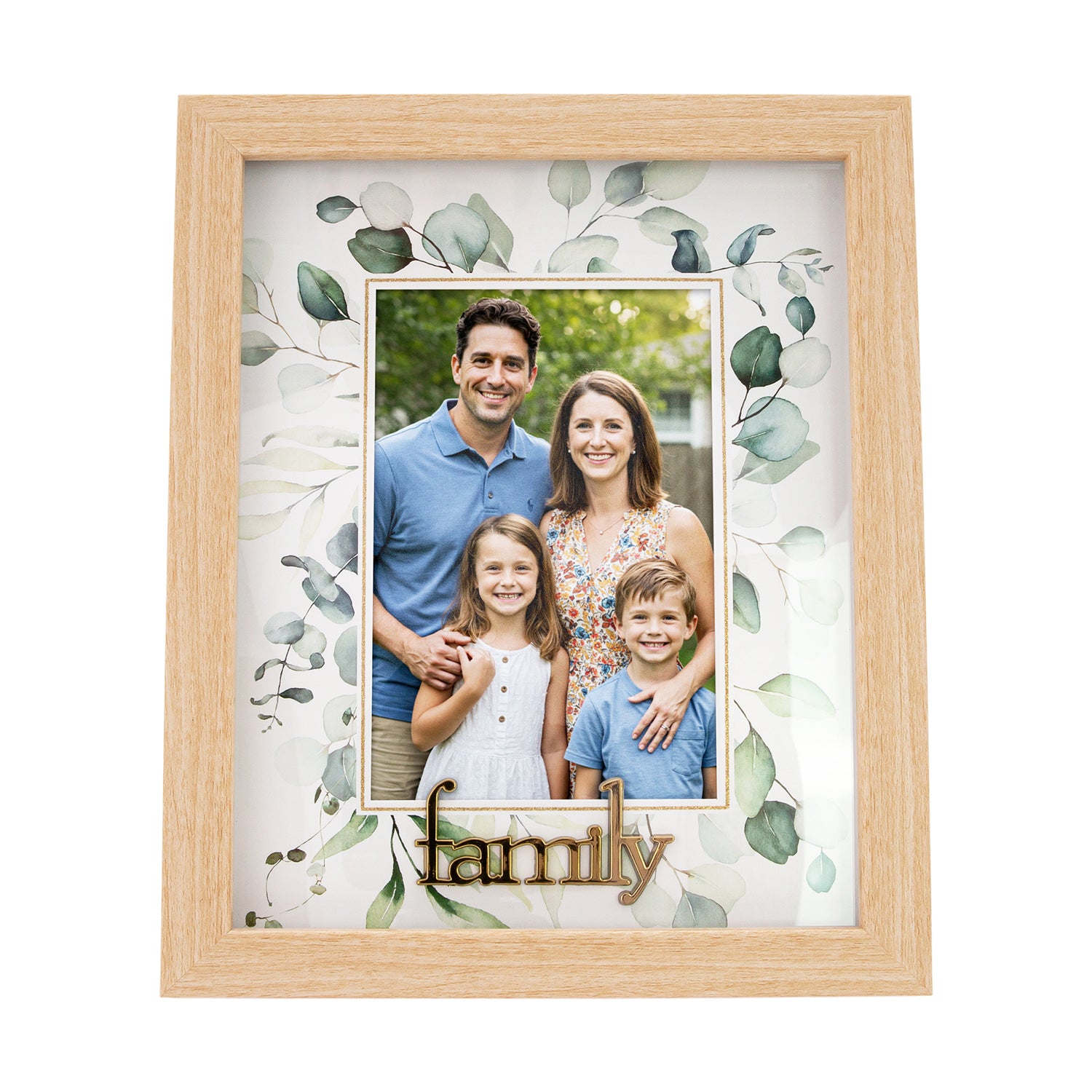 Modern Oak MDF Gold Family Picture Frame with Green Floral Decoration Image 3