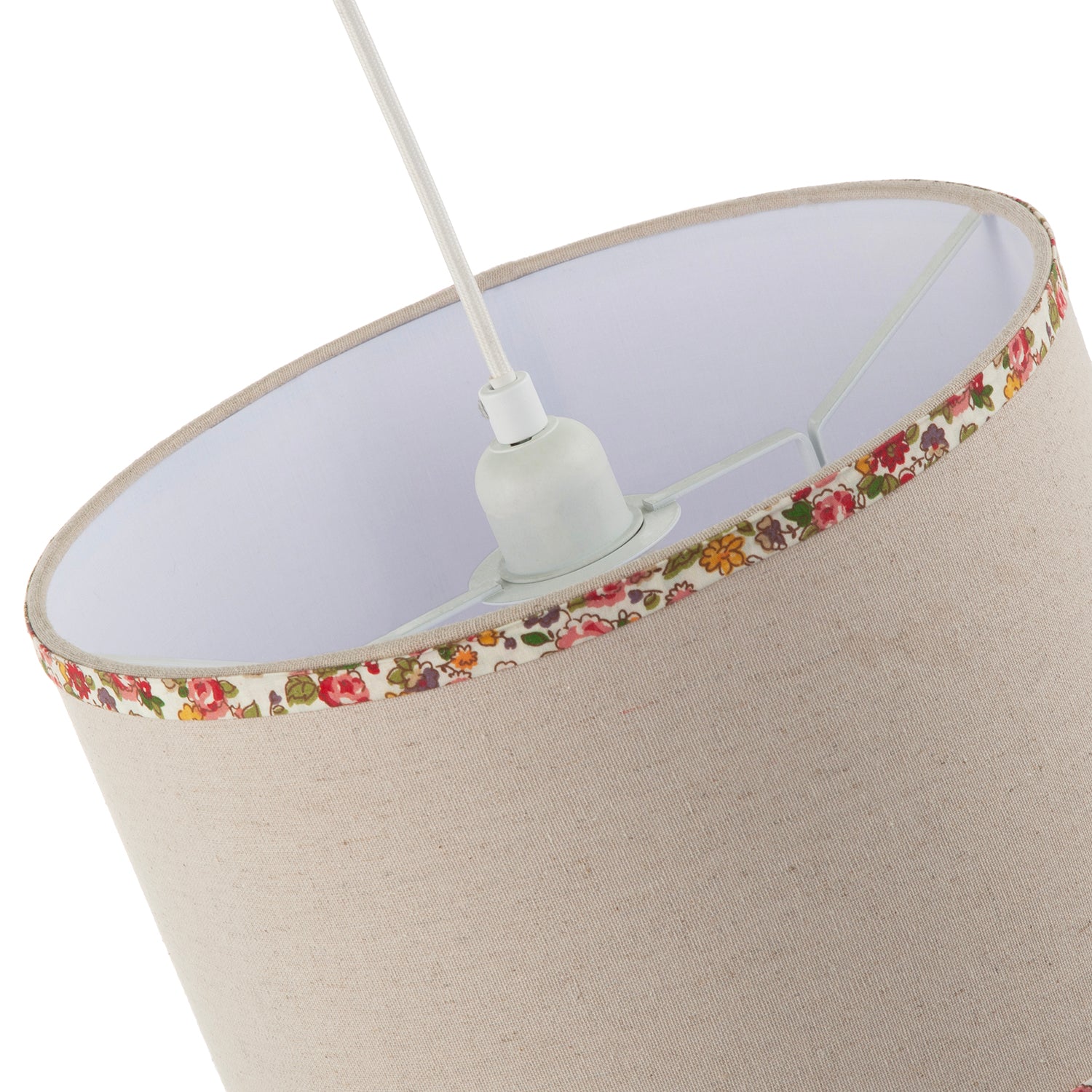 Natural Oatmeal Linen Circular Lamp Shade with Colourful Floral Trims Image 5
