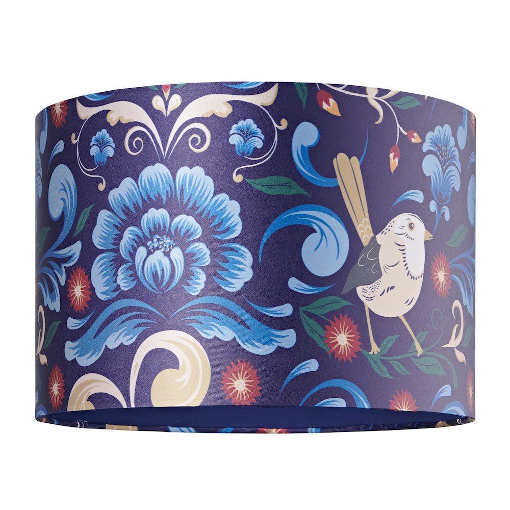 Vivid Floral Midnight Blue Satin Fabric 12" Drum Lamp Shade with Bird Decoration Image 1