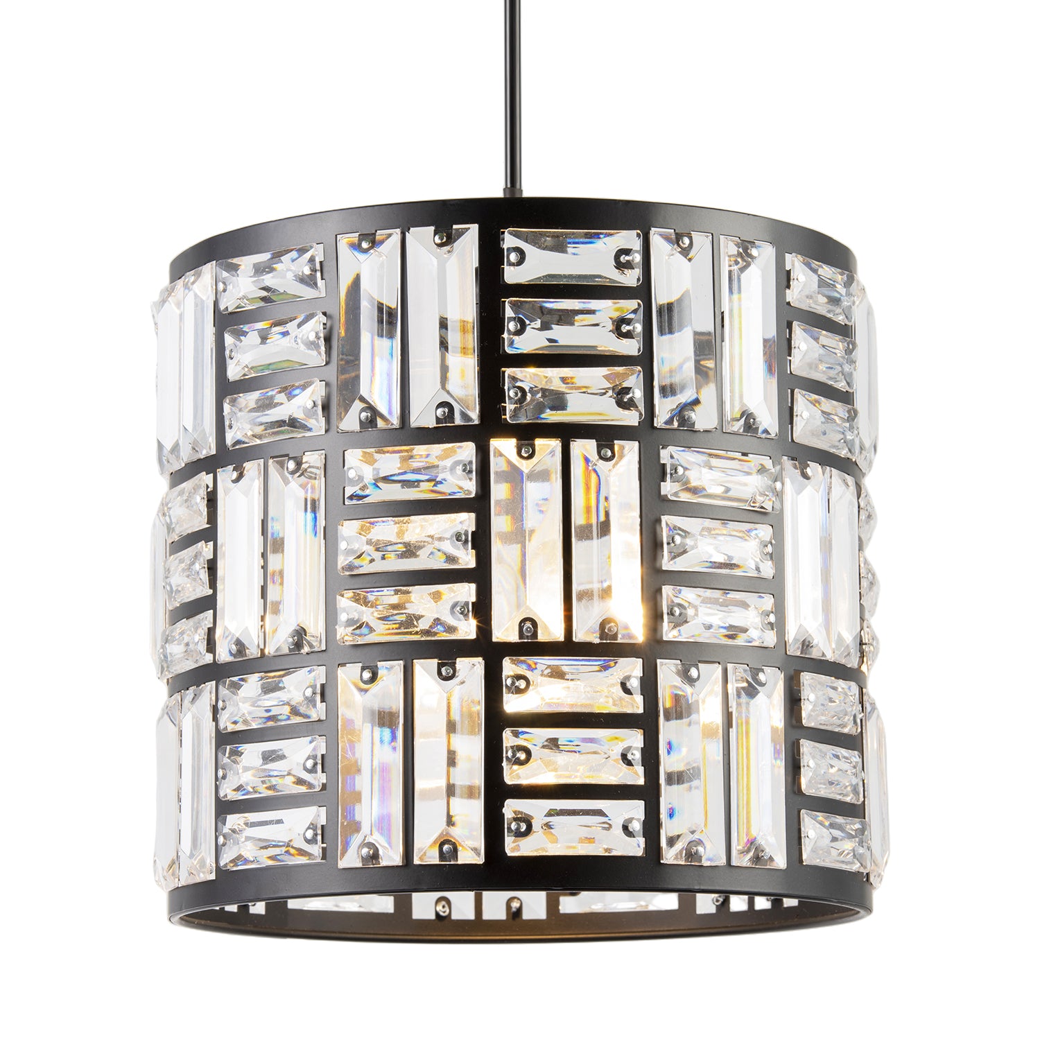 Modern Circular Drum Matte Black Pendant Shade with Clear Acrylic Rods Image 2