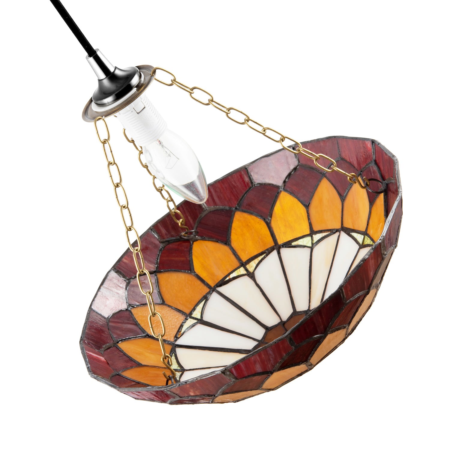 Amber and Red Stained Glass Domed Tiffany Pendant Lamp Shade with Chain Image 3