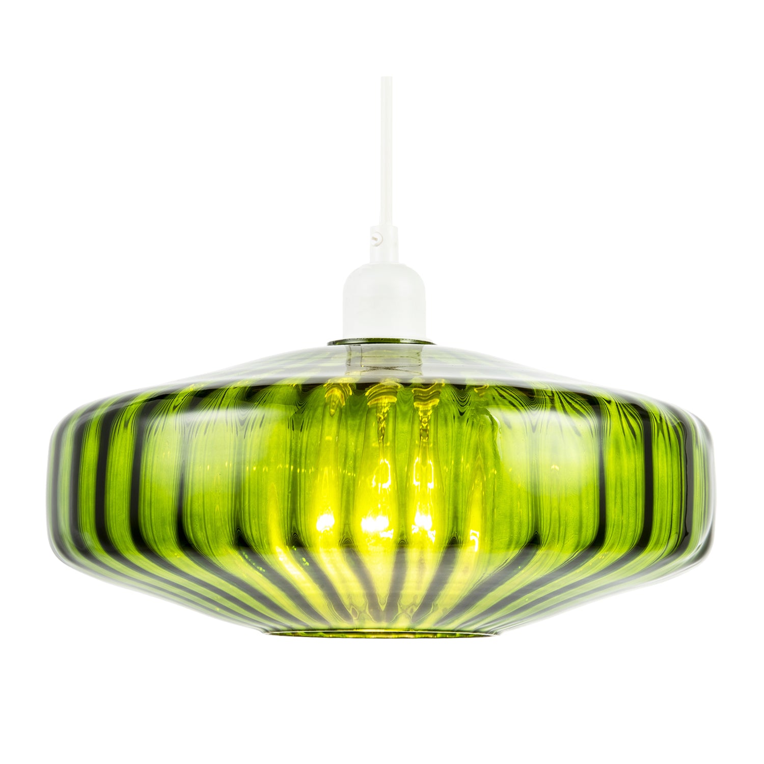 Emerald Green Ribbed Glass Pendant Light Shade with Flat Round Shape Image 2