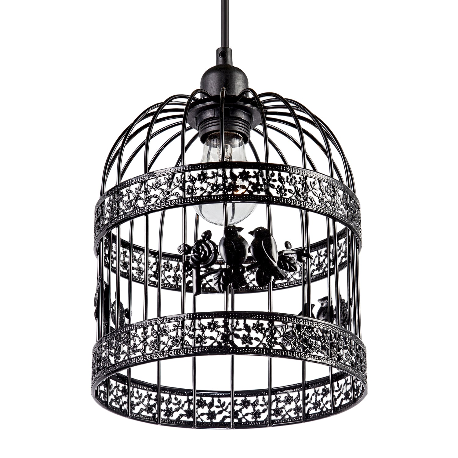 Shabby Chic Shiny Black Gloss Birdcage Shade with 3D Flowers and Birds Image 5