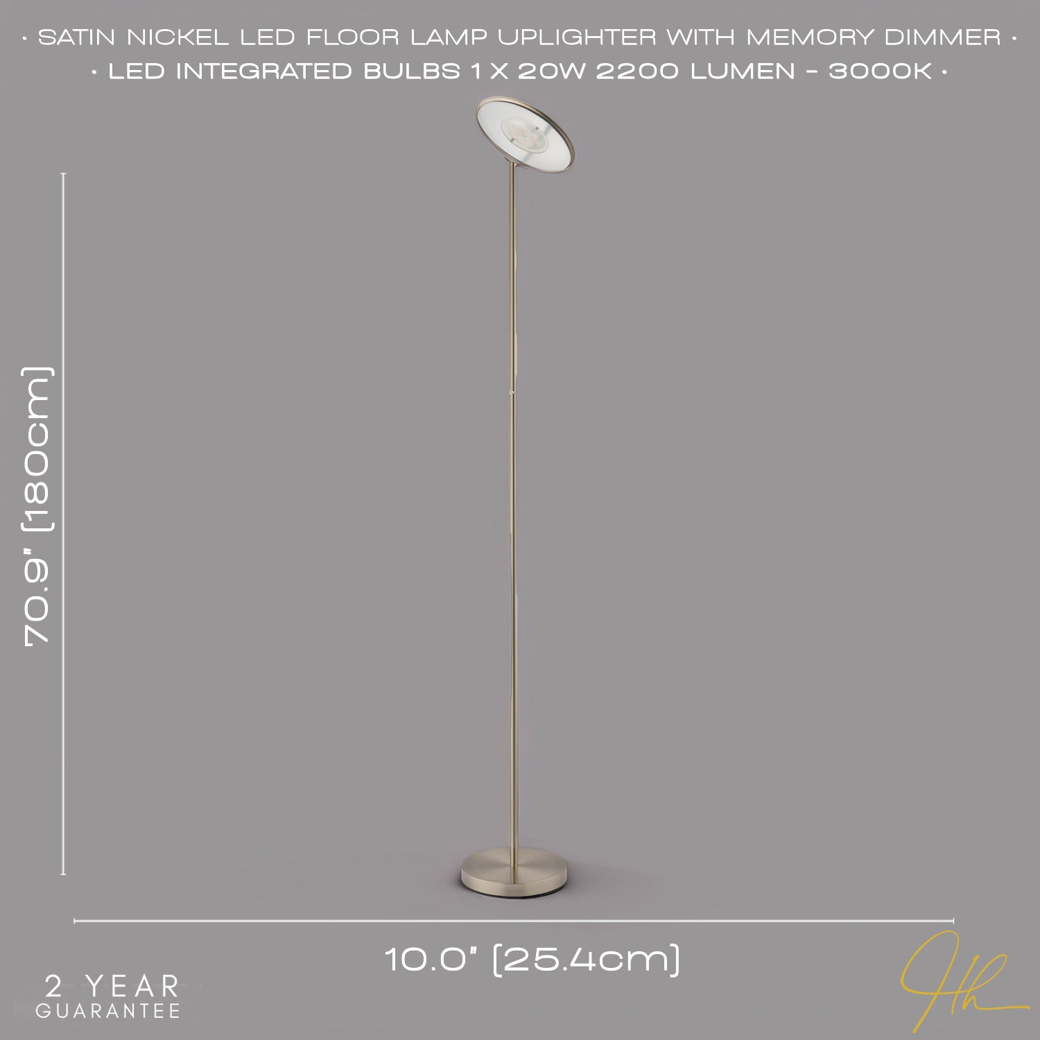 Modern LED Uplighter Metal Floor Lamp in Satin Nickel with Memory Dimmer Button Image 6