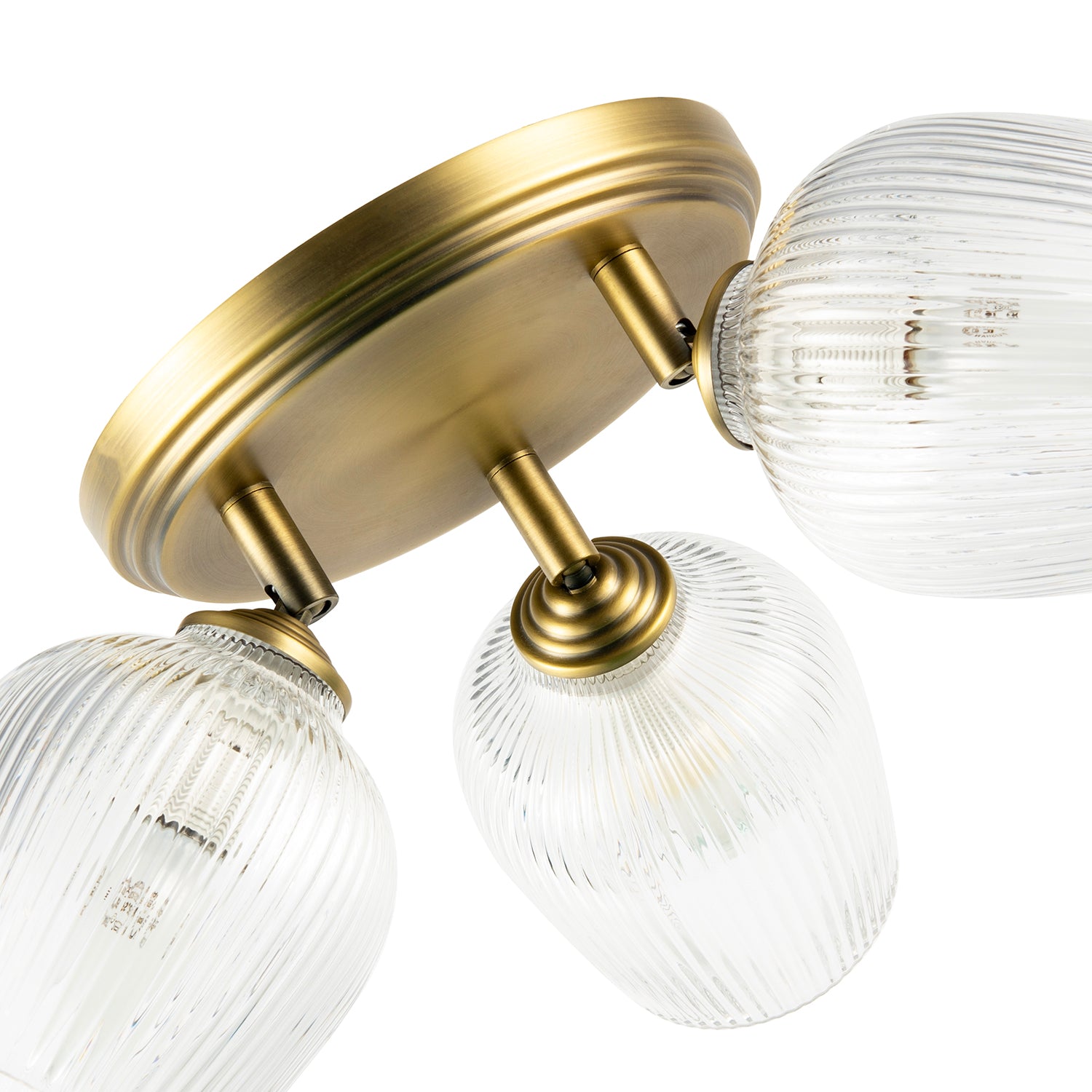 Antique Brass Triple Spot Ceiling Light with Clear Ribbed Glass Shades Image 5