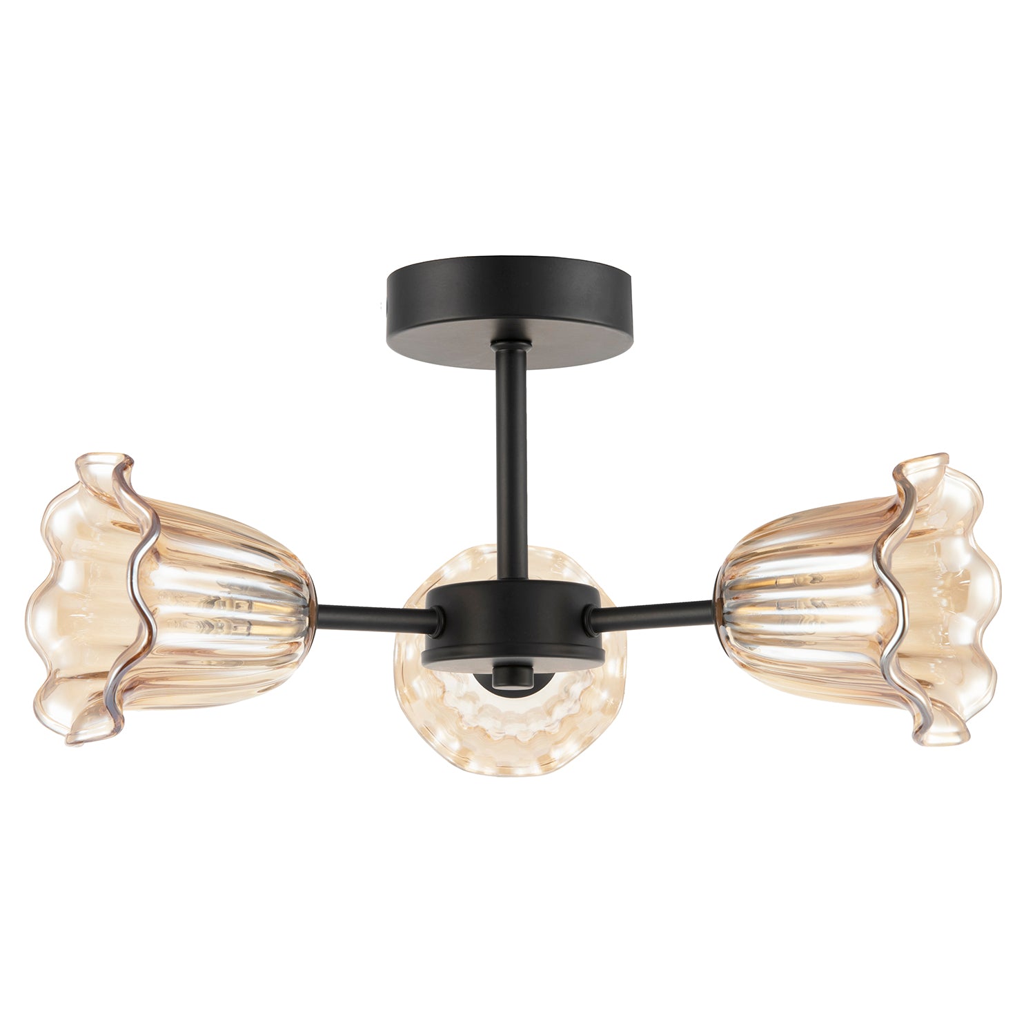 Designer Matte Black Ceiling Light with Amber Floral Glass Shades Image 5