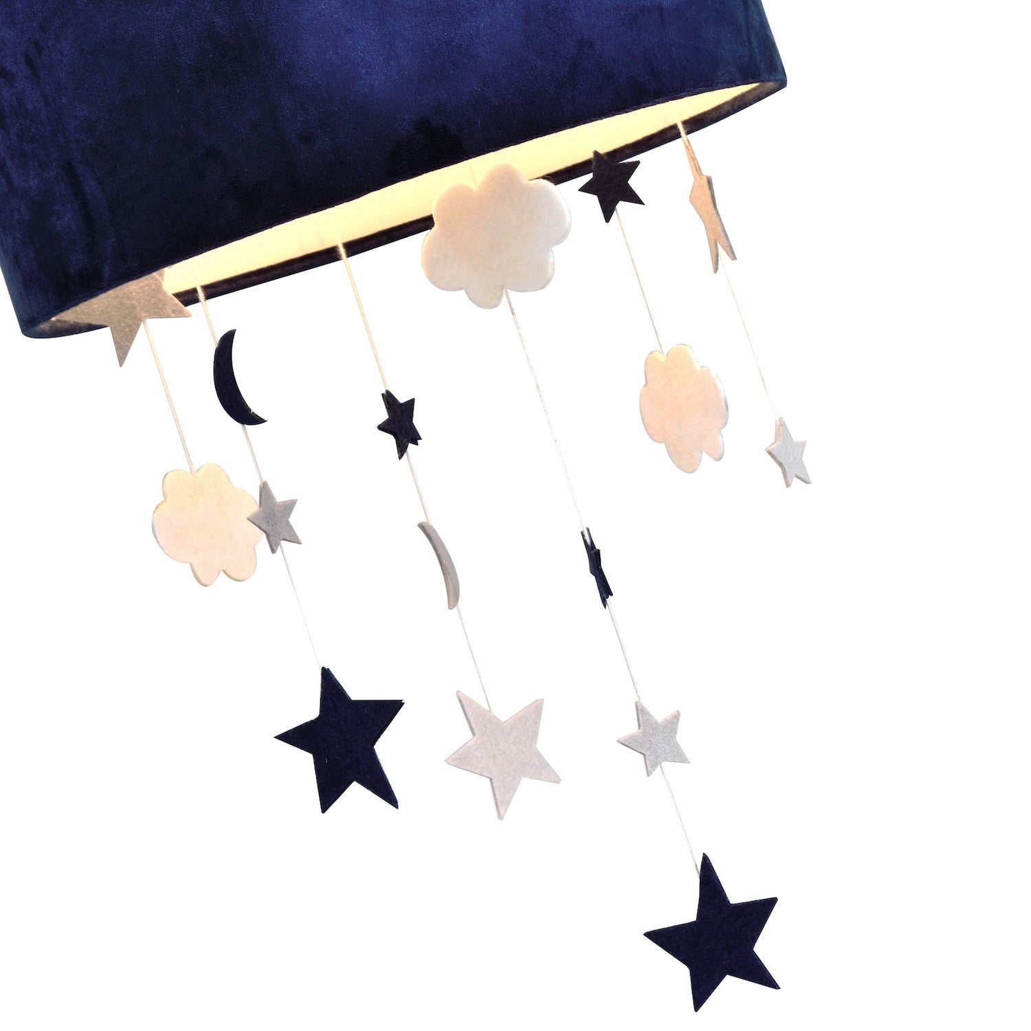 Soft Midnight Blue Velvet Pendant Lamp Shade with Hanging Felt Stars and Clouds Image 3