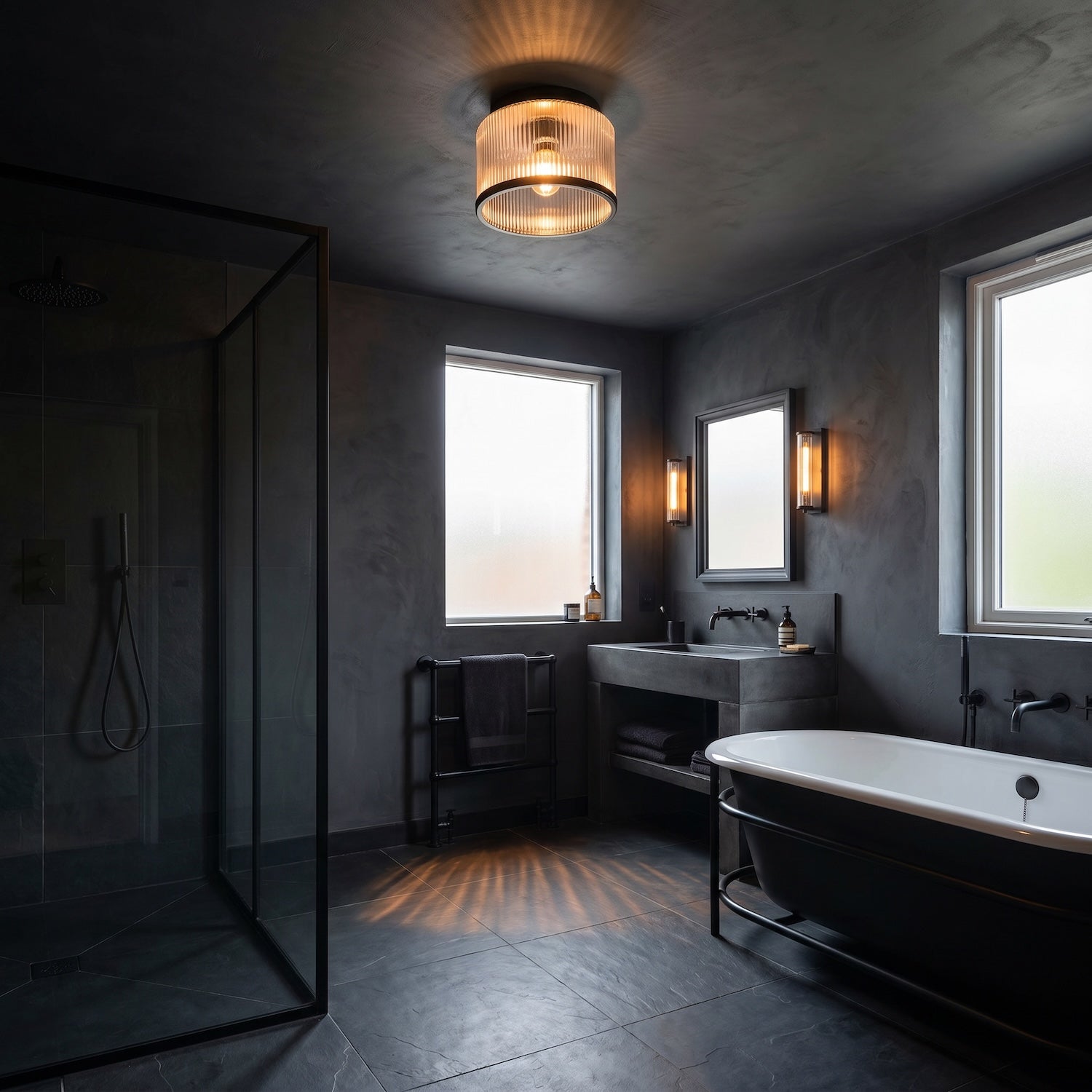 Matte Black Bathroom Ceiling Light with Clear Ribbed Glass Shade Image 6