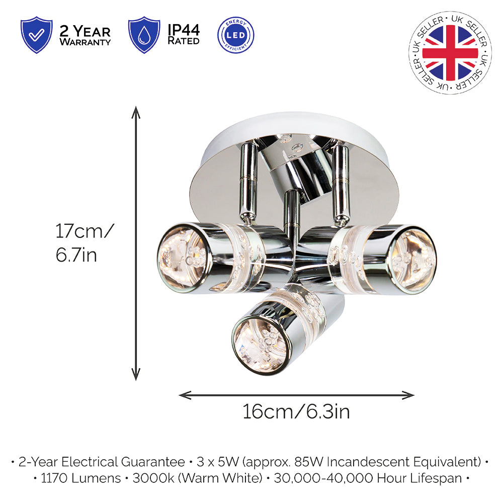Chrome 3-Light Mini Spotlight Ceiling Fitting With Adjustable Heads & LED Bulbs