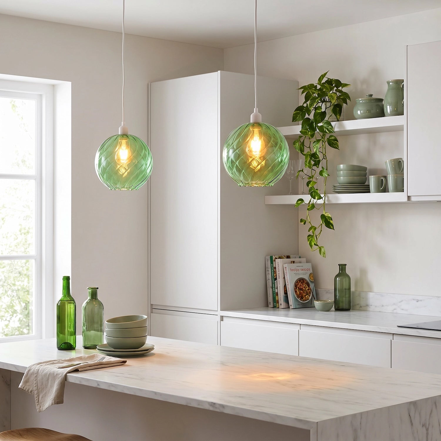 Chic Emerald Green Circular Fluted Glass Ceiling Pendant Light Shade Image 6