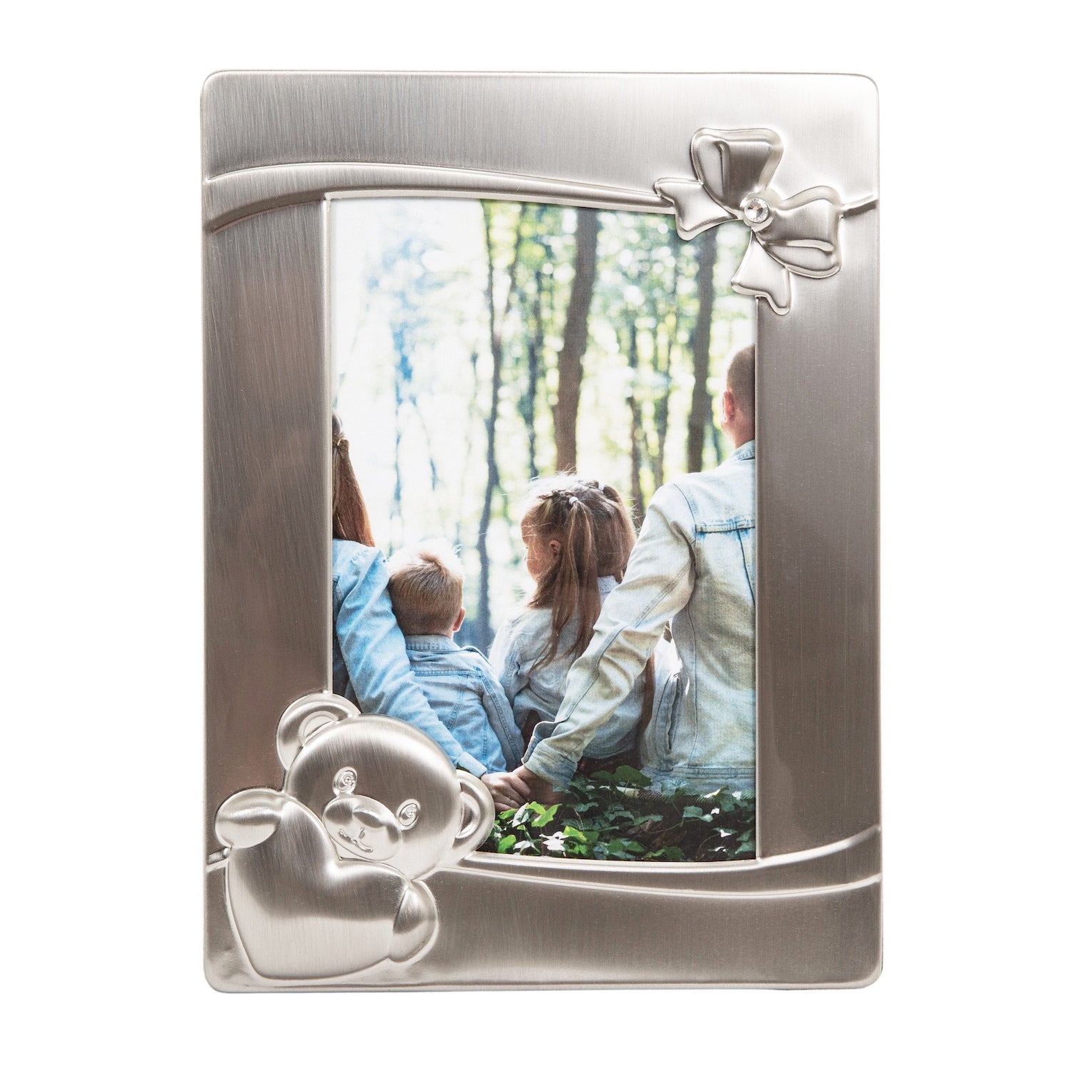 Bushed Pewter Baby Picture Frame with Teddy Bear and Bow with Diamante Crystal Image 2