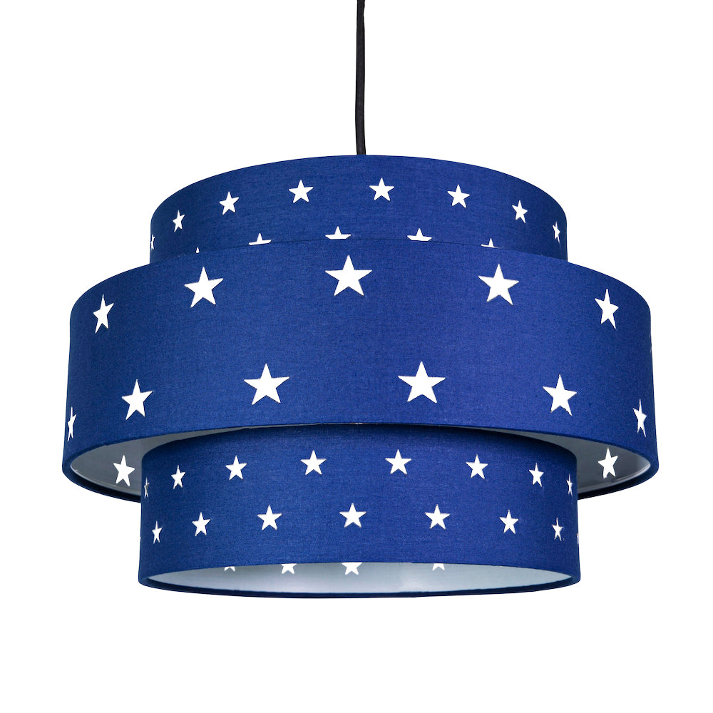 Triple Tier Midnight Blue Cotton Fabric Childrens Pendant Shade with Stars Decor Image 1