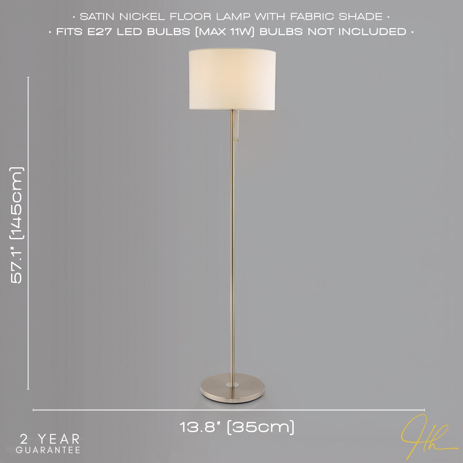 Classic Brushed Satin Nickel Floor Lamp with Metal Pull Switch and Cotton Shade Image 6