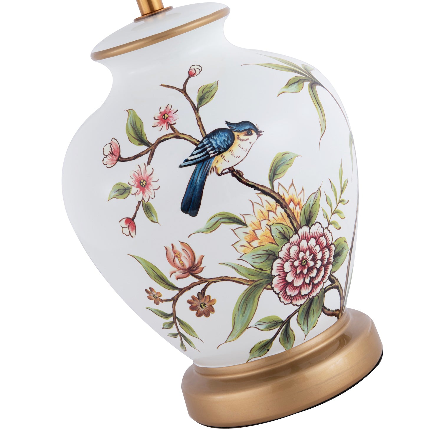 Traditional Ceramic Lamp Base in White Gloss with Coloured Birds and Flowers Image 2