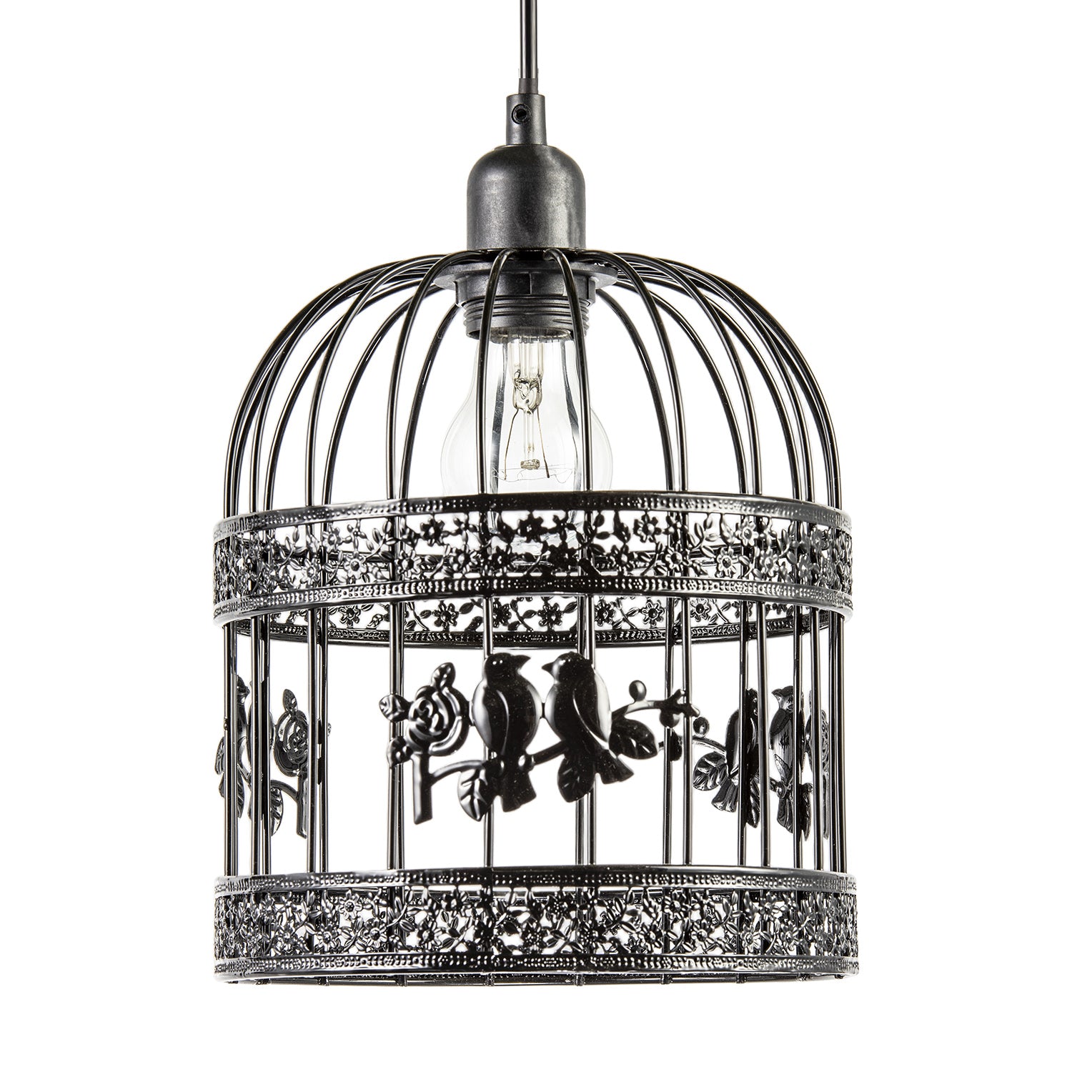 Shabby Chic Shiny Black Gloss Birdcage Shade with 3D Flowers and Birds Image 1