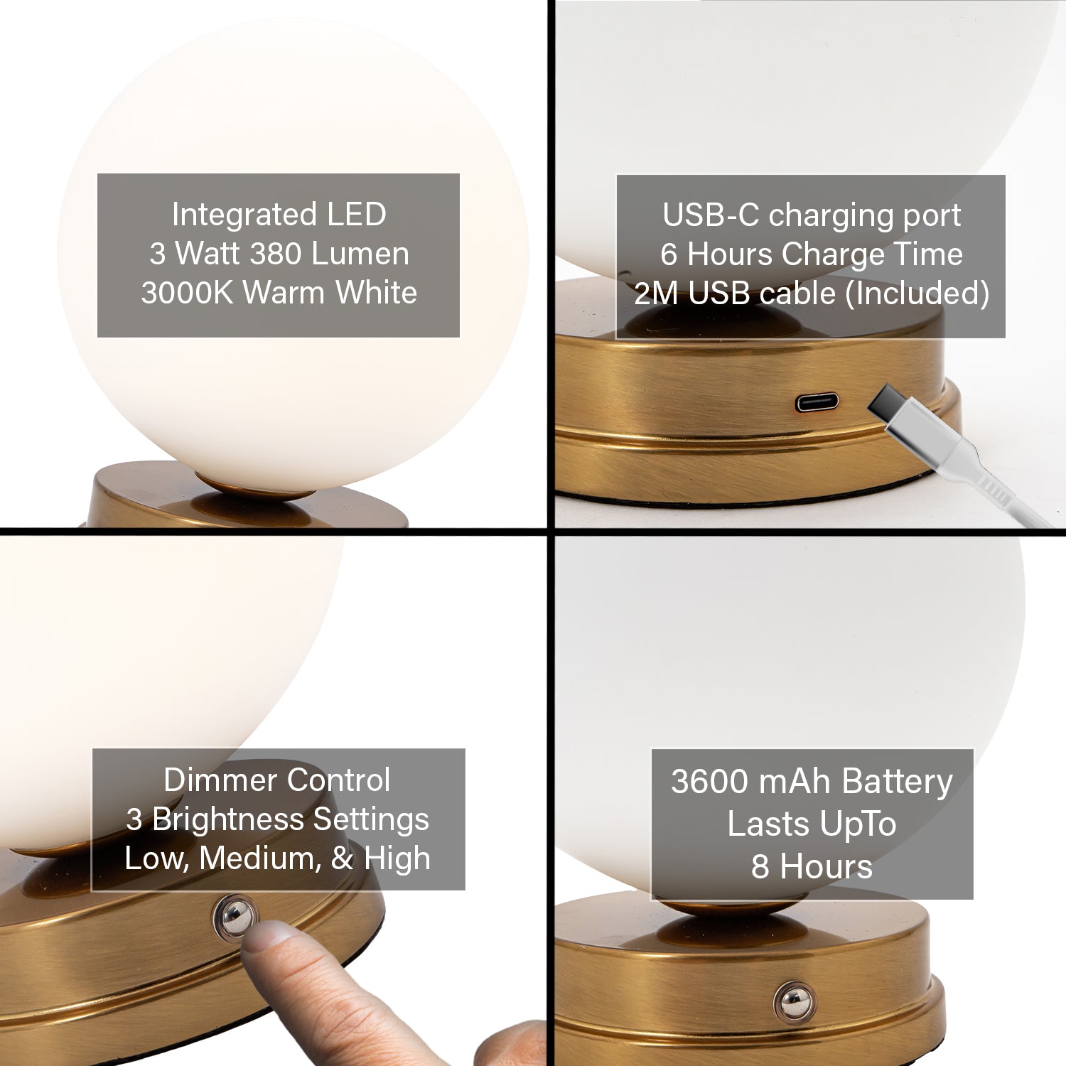 Modern Gold Rechargeable Touch Dimmable Table Lamp with White Glass Globe Shade Image 5