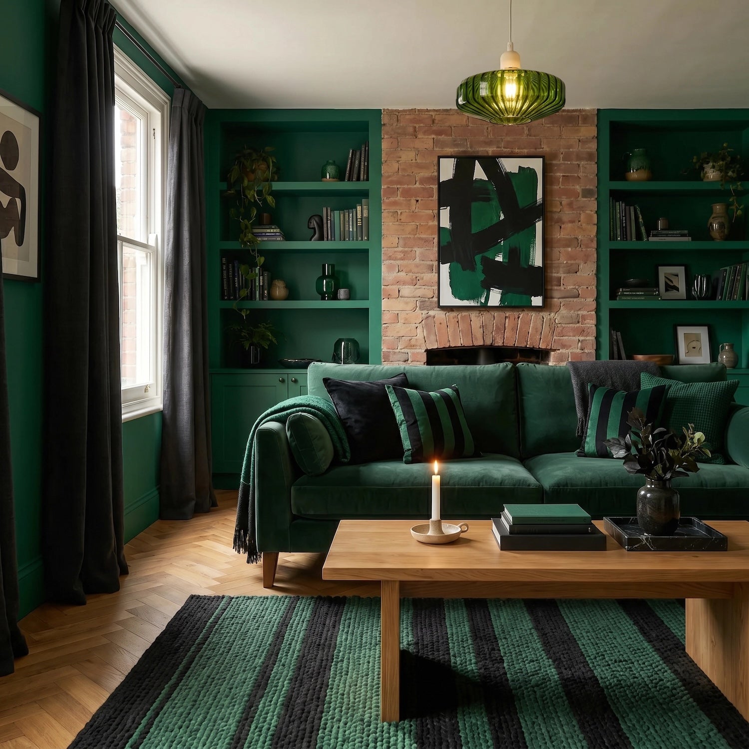 Emerald Green Ribbed Glass Pendant Light Shade with Flat Round Shape Image 6