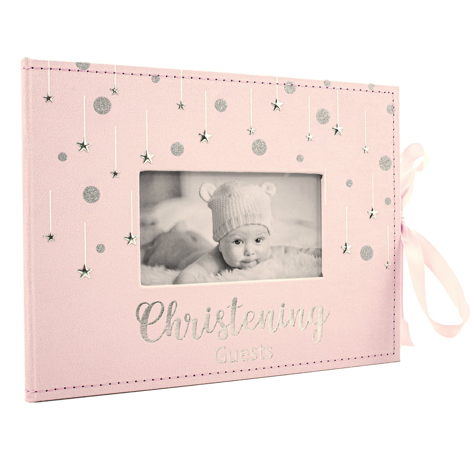 Soft Pastel Pink Suede Christening Guest Book with Silver Stars and Ribbon Image 1