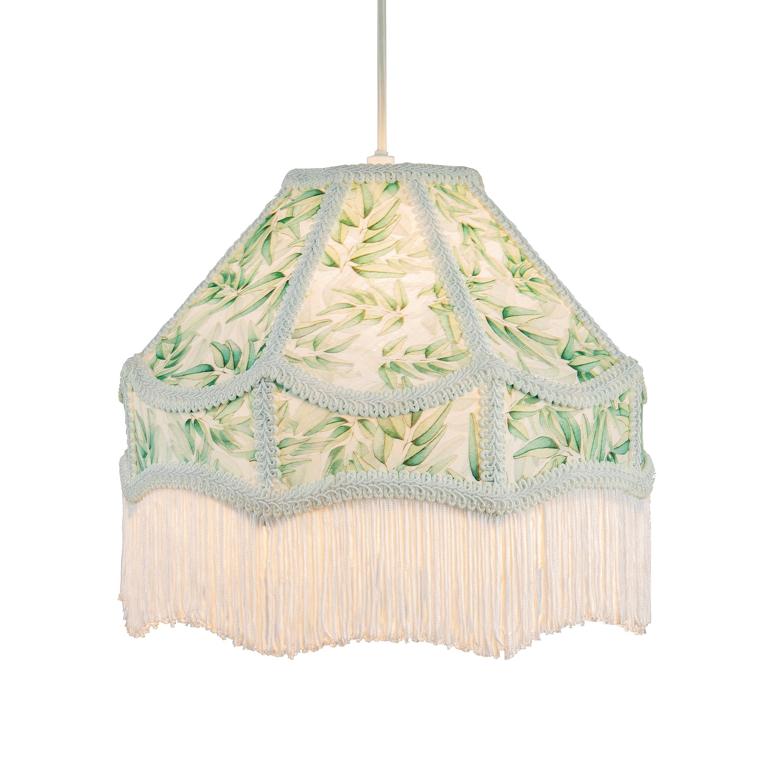 Victorian Empire Handmade Lamp Shade with Emerald Green Leaves and White Tassels Image 2