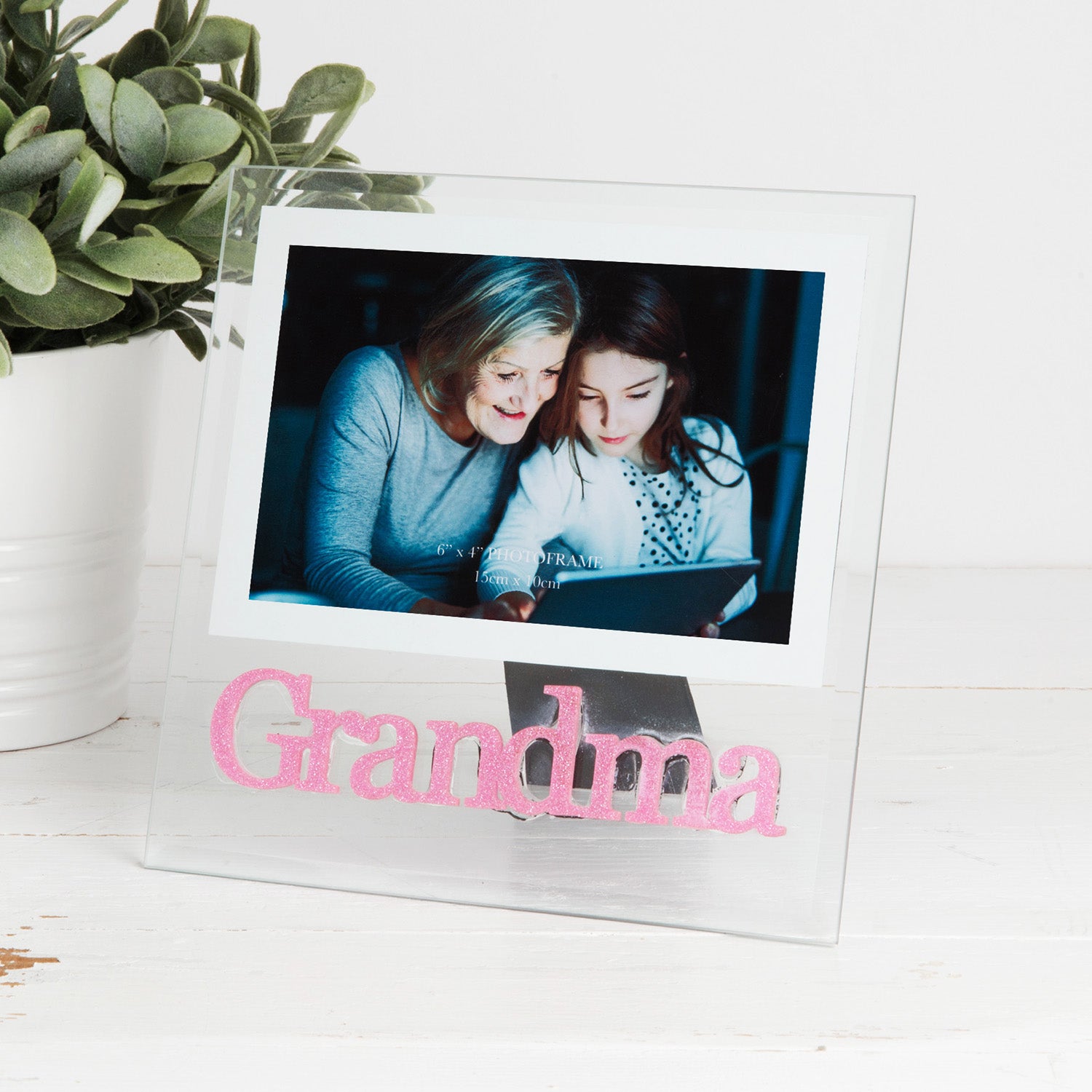 Pink Glitter Grandma Picture Frame in Transparent Glass with Bevelled Sides Image 3