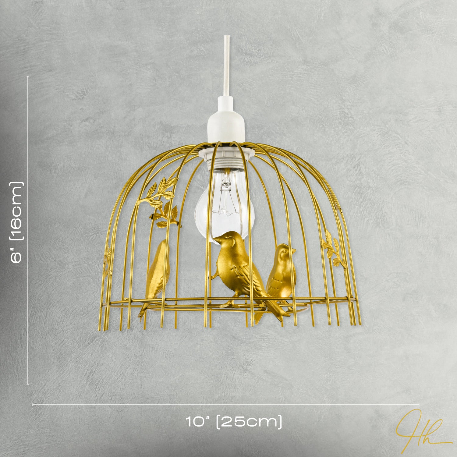 Chic Birdcage Pendant Shade in Satin Gold Metal with Birds and Leaves Image 7