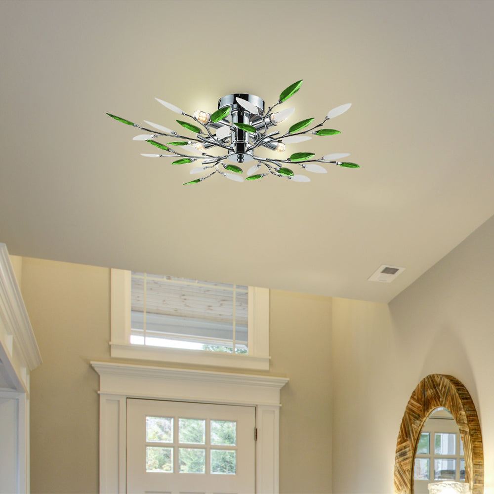 Modern Semi Flush Chrome Ceiling Light with Emerald Green & Frosted Leaves Image 2