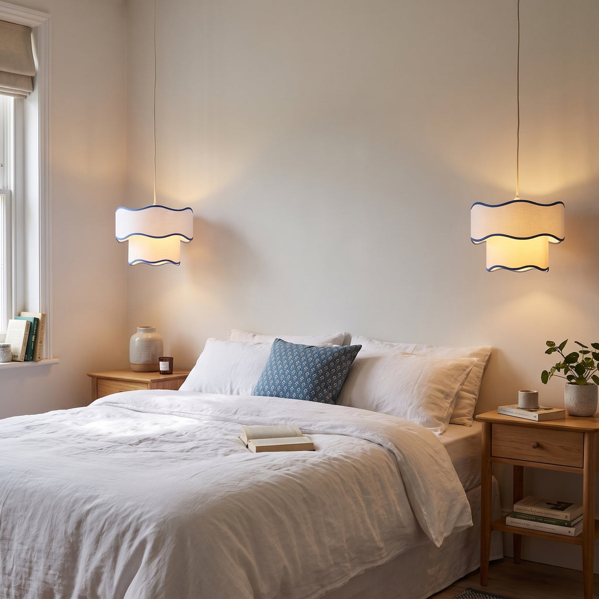 Tiered Design Double Layer White Cotton Pendant Shade with Blue Trim Image 6