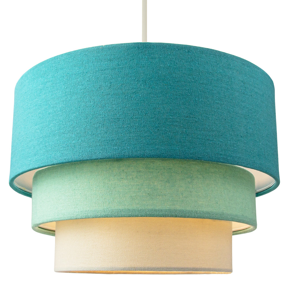 Contemporary Triple Tier Teal Duck Egg & Cream Linen Fabric Pendant Light Shade Image 2