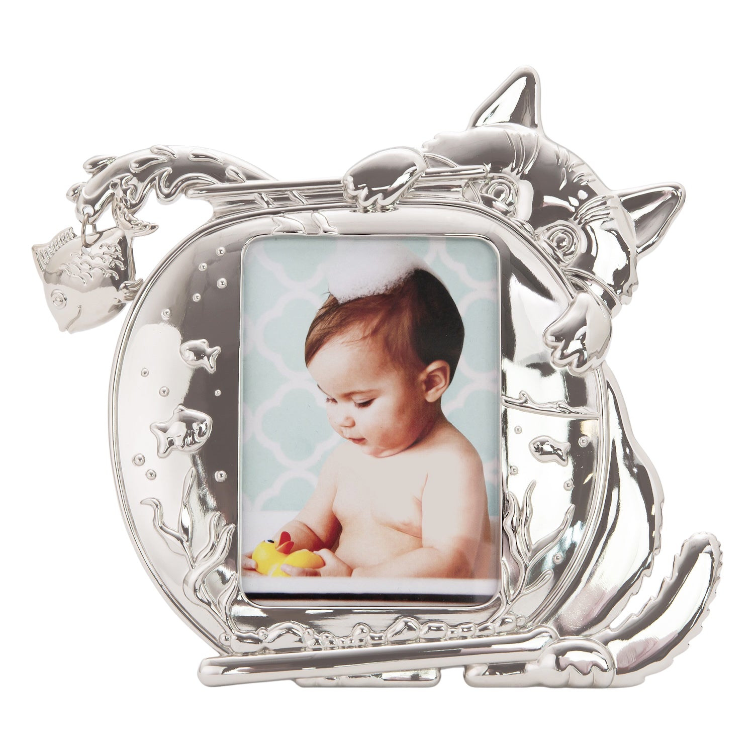 Quirky Hiding Cat Themed Nickel Plated Picture Frame with Hanging Fish Image 3