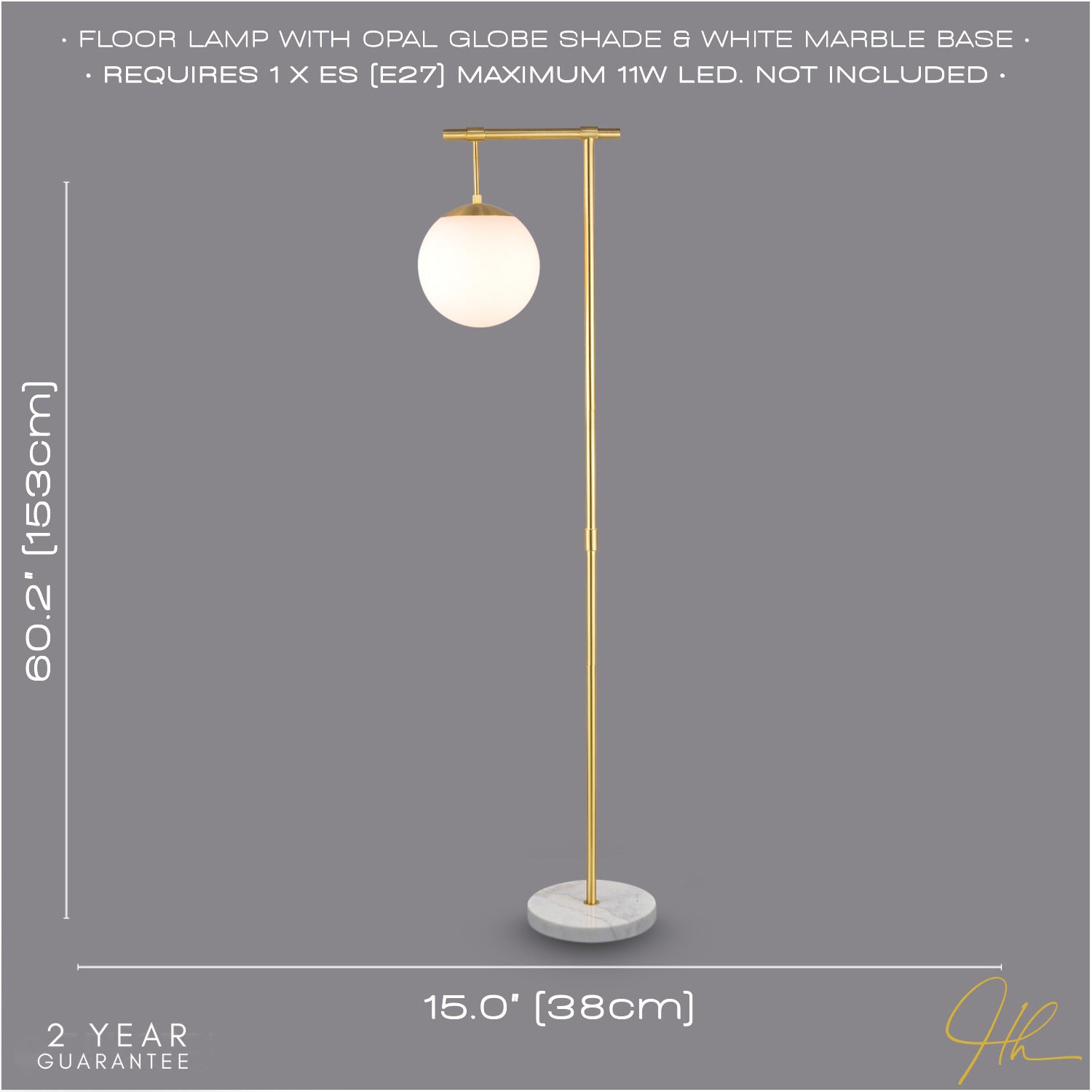 Designer Satin Gold Floor Lamp with Opal White Globe Glass Shade and Marble Base Image 6