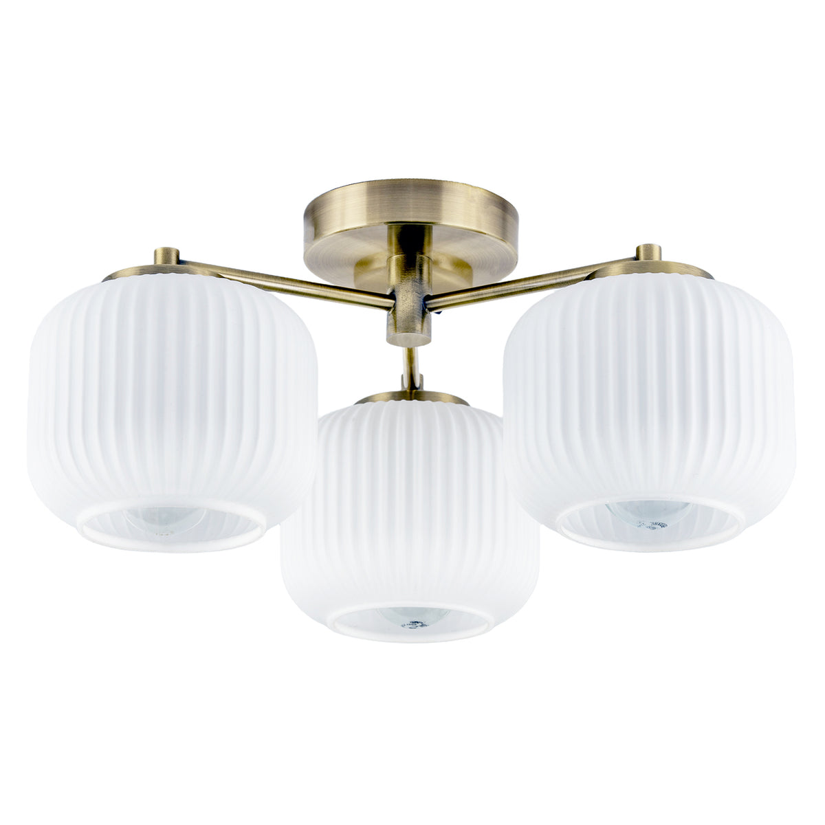 Modern Antique Brass Semi Flush Ceiling Light with Ribbed Glass Shades Image 1
