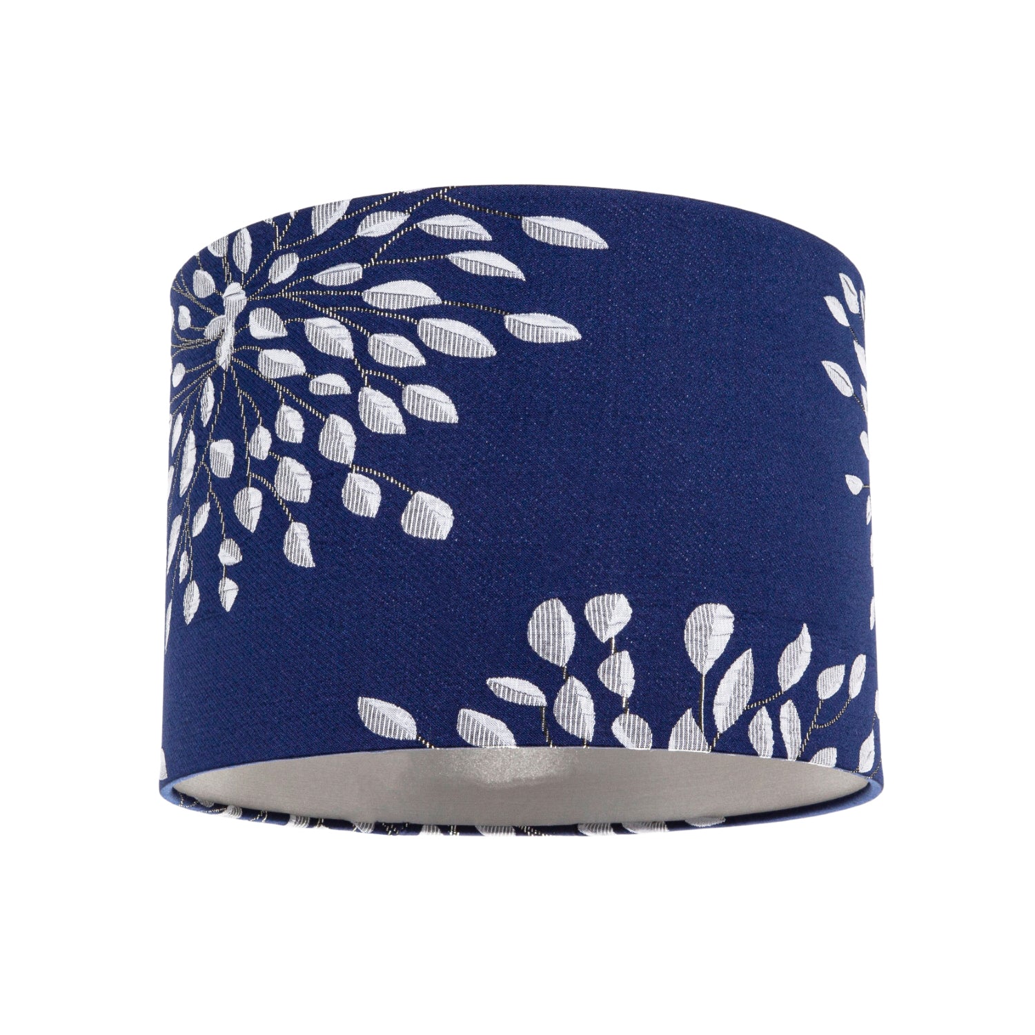 Modern Navy Midnight Blue Drum Lampshade with Off-White Floral Decoration Image 1