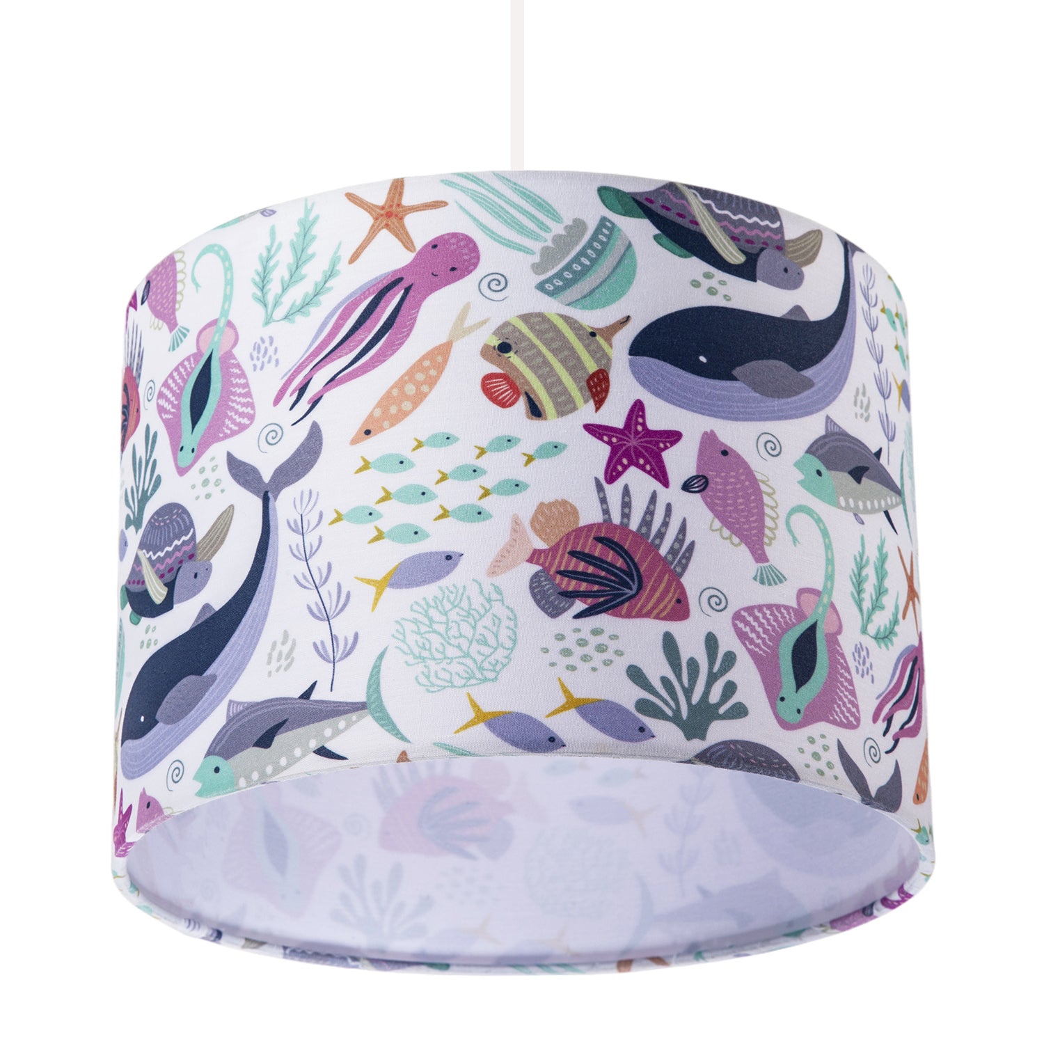 Underwater Designed Fabric Lampshade with Whales Turtles Tropical Fish Image 4