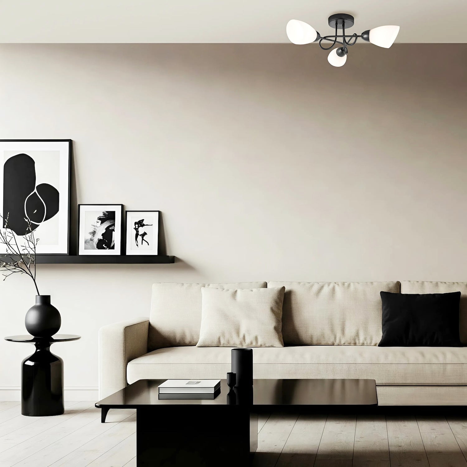 Modern Matte Black Ceiling Light Fitting with Curling Arms and Opal Glass Shades Image 7