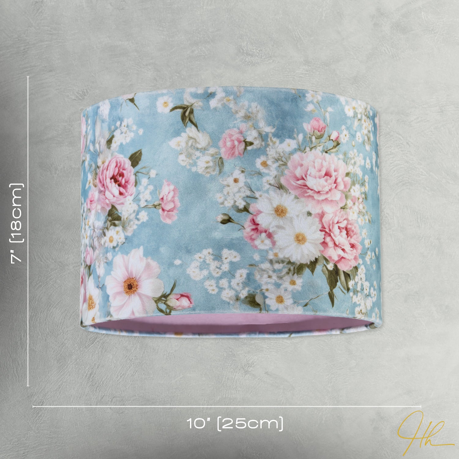 Vintage Chic Sky Blue Velvet Lamp Shade with Pink and White Flowers Image 7