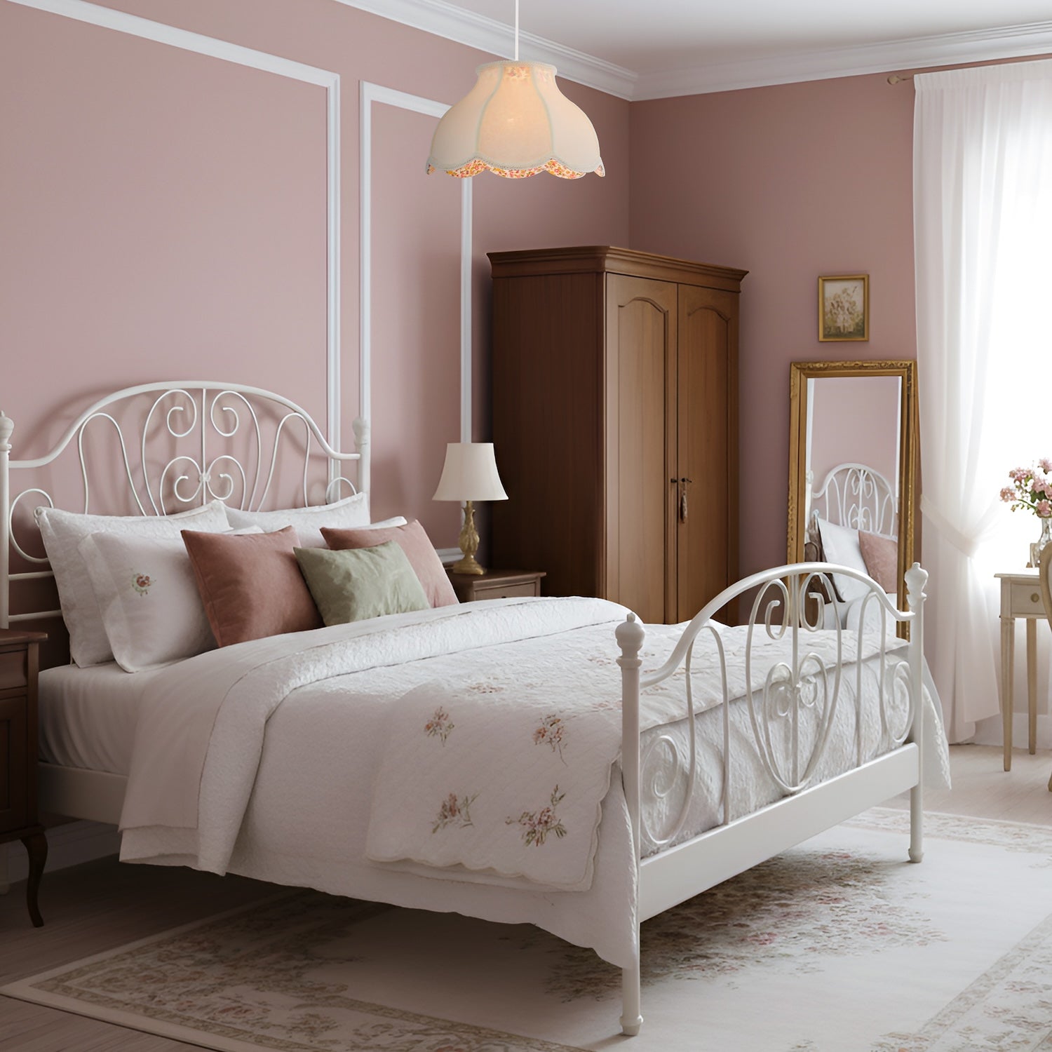 Cream Victorian Lamp Shade with Scallop Edges and Floral Inner Lining Image 6