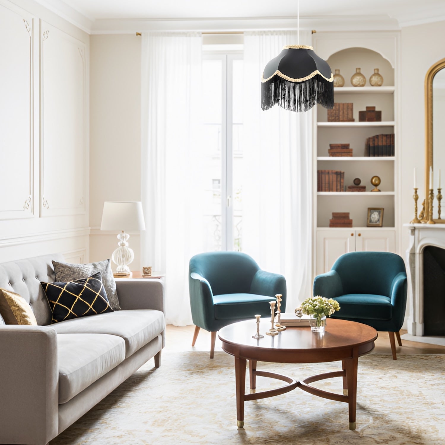 Victorian Designed Empire Lampshade in Black Faux Silk with Gold Trims Image 6