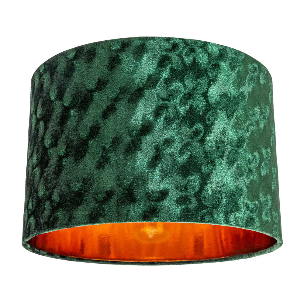 Modern Metallic Green Hammered Effect Crushed Velvet 12" Shade with Copper Inner Image 1