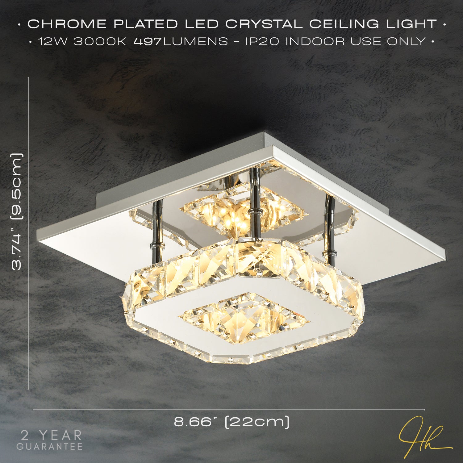 Modern LED Ceiling Light with Chrome Square Metal and Clear Crystal Glass Beads Image 7